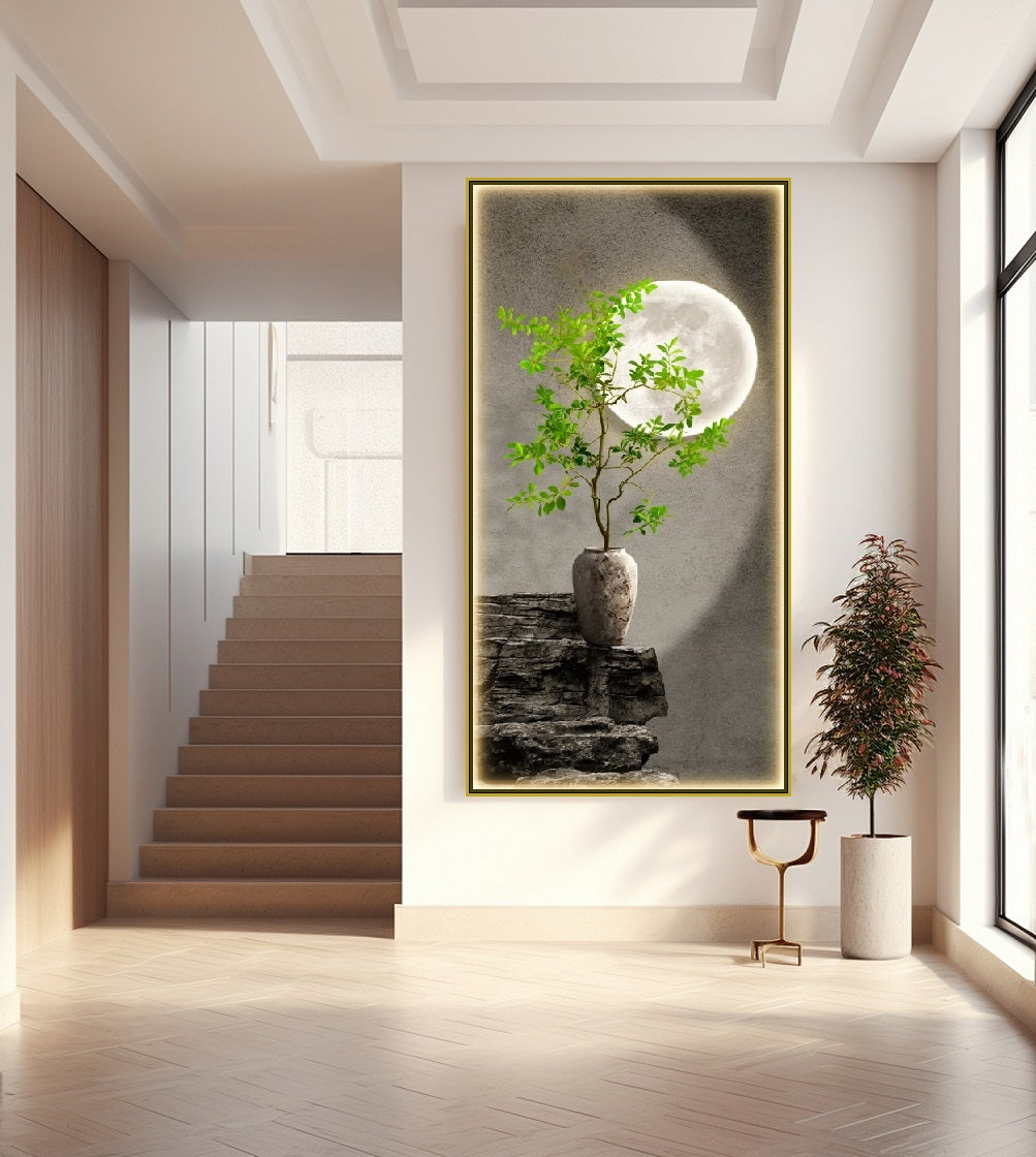 Natur-Wandkunst, großer botanischer Leinwanddruck, gerahmtes Mond-Kunstwerk, druckbare graugrüne Wandkunst, schwebender Rahmen, Leinwanddruck für Wohnzimmer