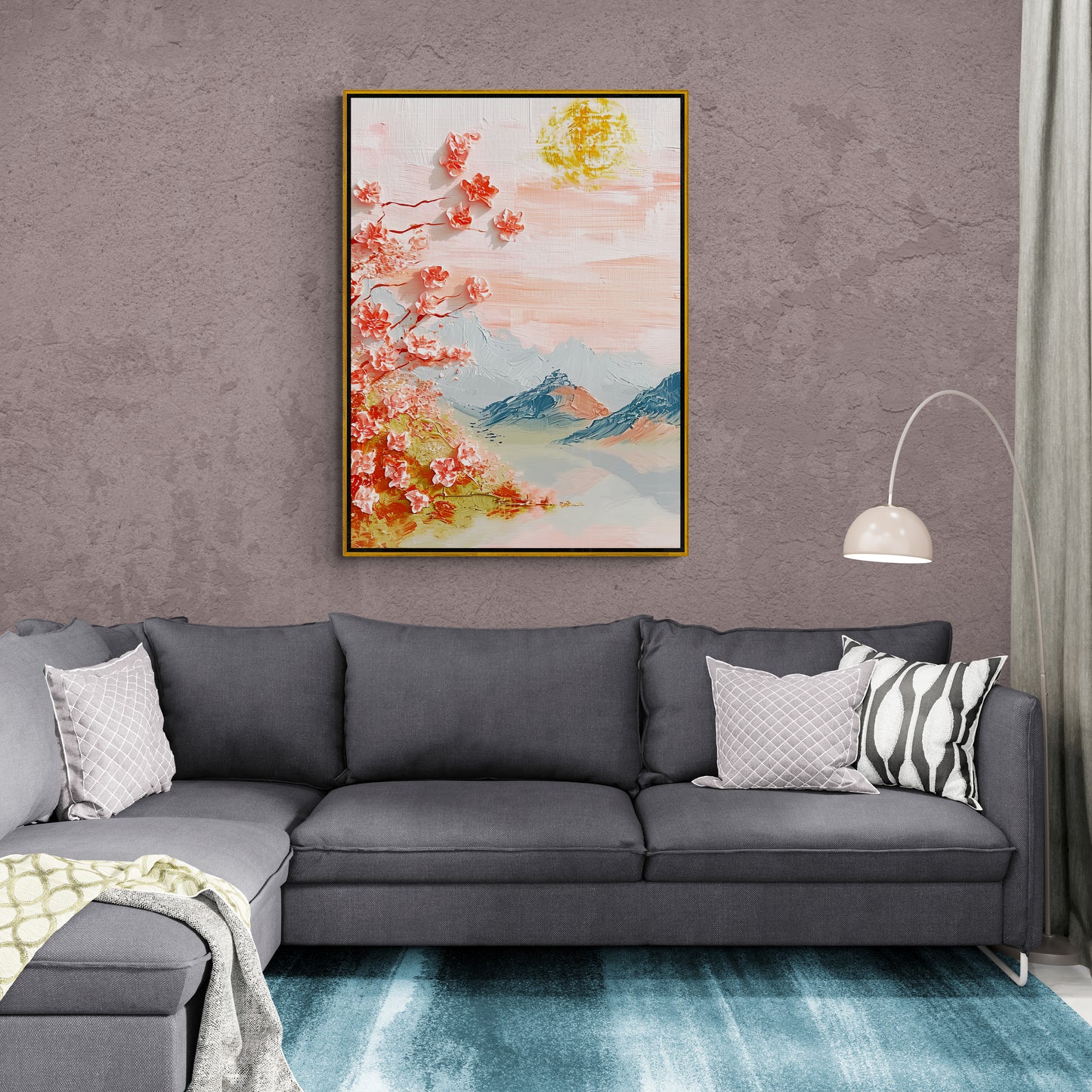 Chinoiserie Wandkunst, großes orientalisches Kunstwerk, gerahmter Naturkunstdruck, Berge Wandkunst, Sakura Blüten Kunstwerk, florale Wandkunst, Geschenk für sie, Wandkunst über dem Bett