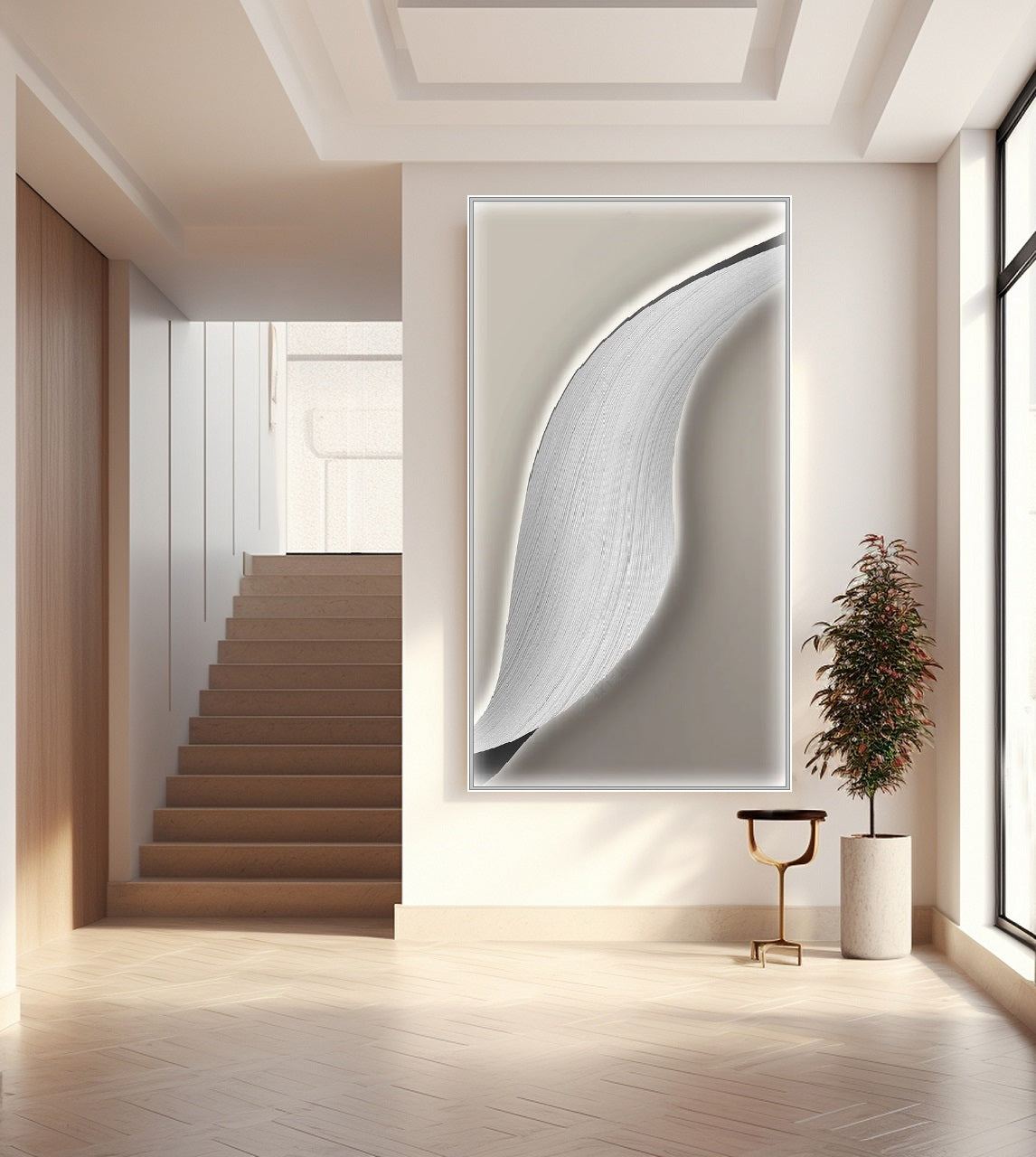 Gerahmte abstrakte Wandkunst, großer Wellen-Leinwanddruck, graue schwebende Rahmen-Wandkunst, druckbares Schlafzimmer-Wanddekor, modernes Kunstwerk