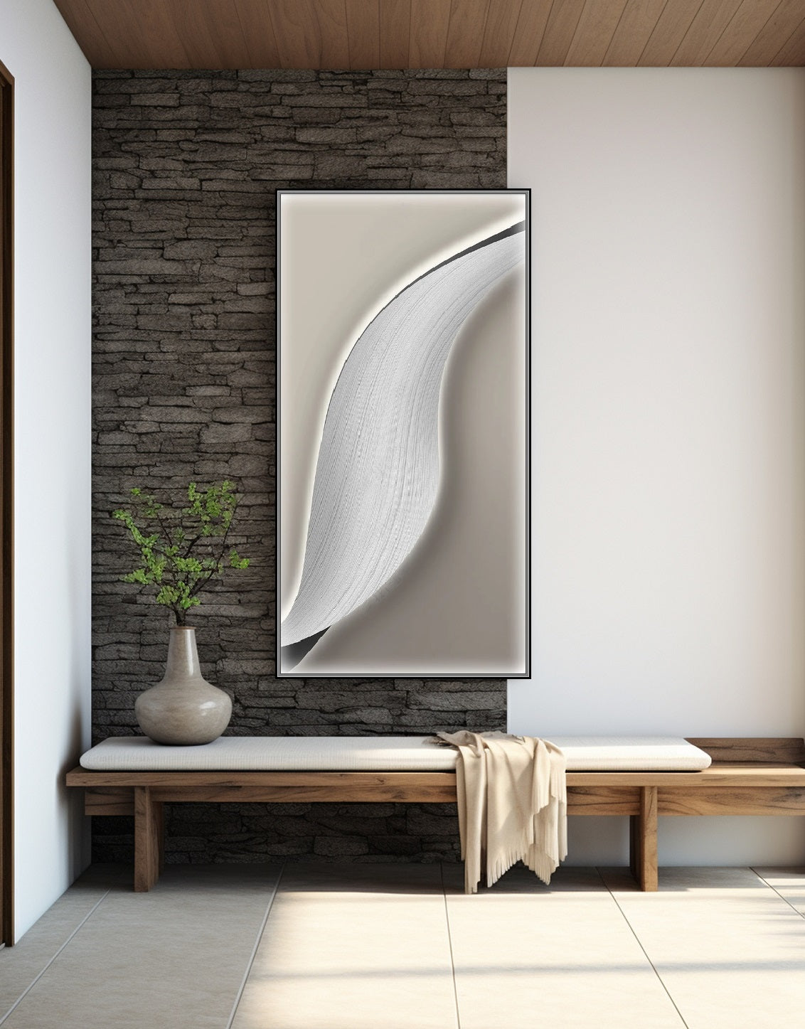Gerahmte abstrakte Wandkunst, großer Wellen-Leinwanddruck, graue schwebende Rahmen-Wandkunst, druckbares Schlafzimmer-Wanddekor, modernes Kunstwerk