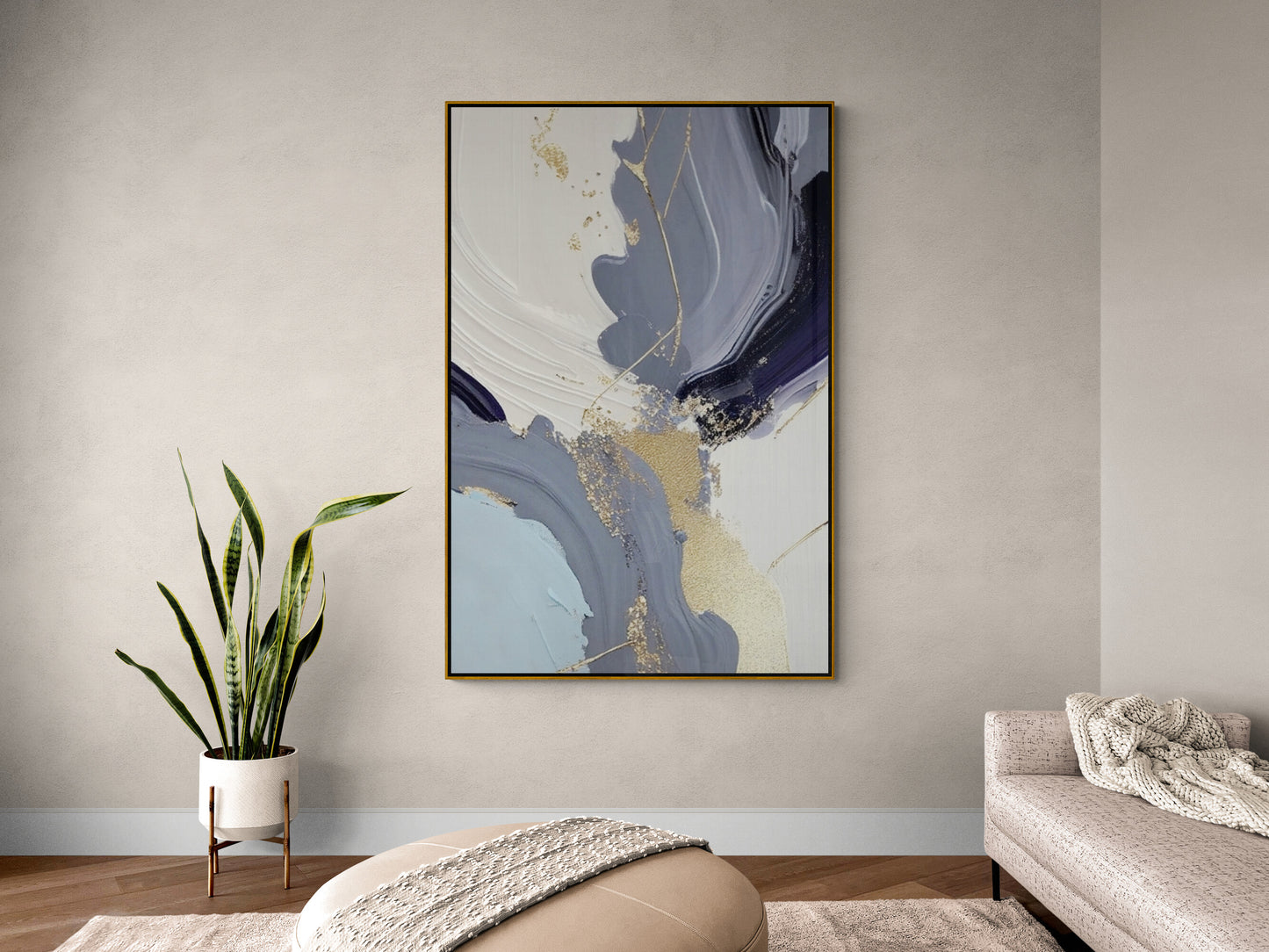 Große abstrakte Wandkunst, blauer Leinwanddruck mit schwebendem Rahmen, druckbares Wanddekor, Kunstwerk im Aluminiumrahmen, moderne Wandkunst für das Wohnzimmer