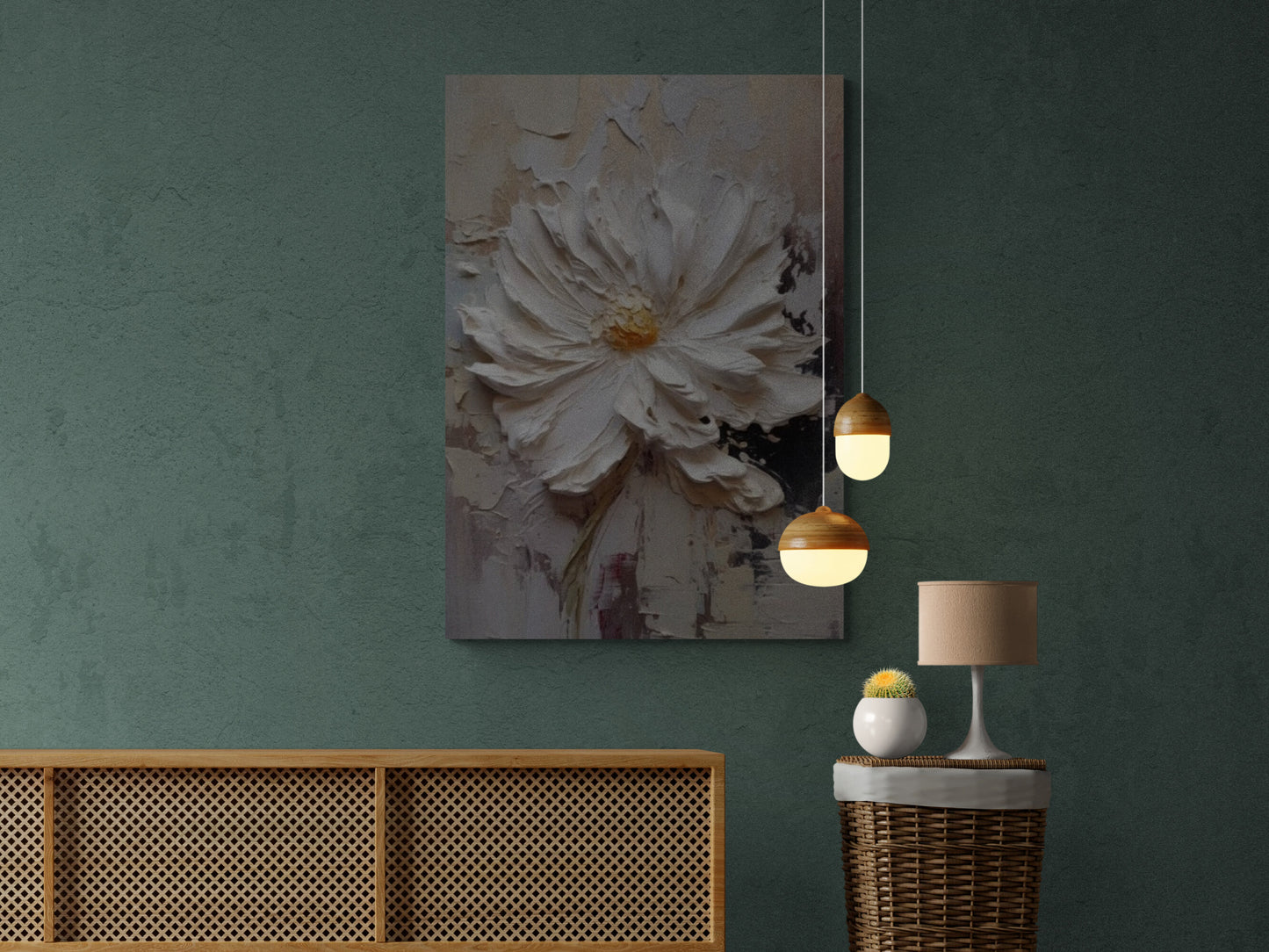 Großes gerahmtes Wandbild mit Blumenmotiv, Leinwanddruck mit 3D-Effekt, Leinwanddruck mit weißen Blumen, druckbares Wildblumen-Kunstwerk, Wandkunst fürs Wohnzimmer