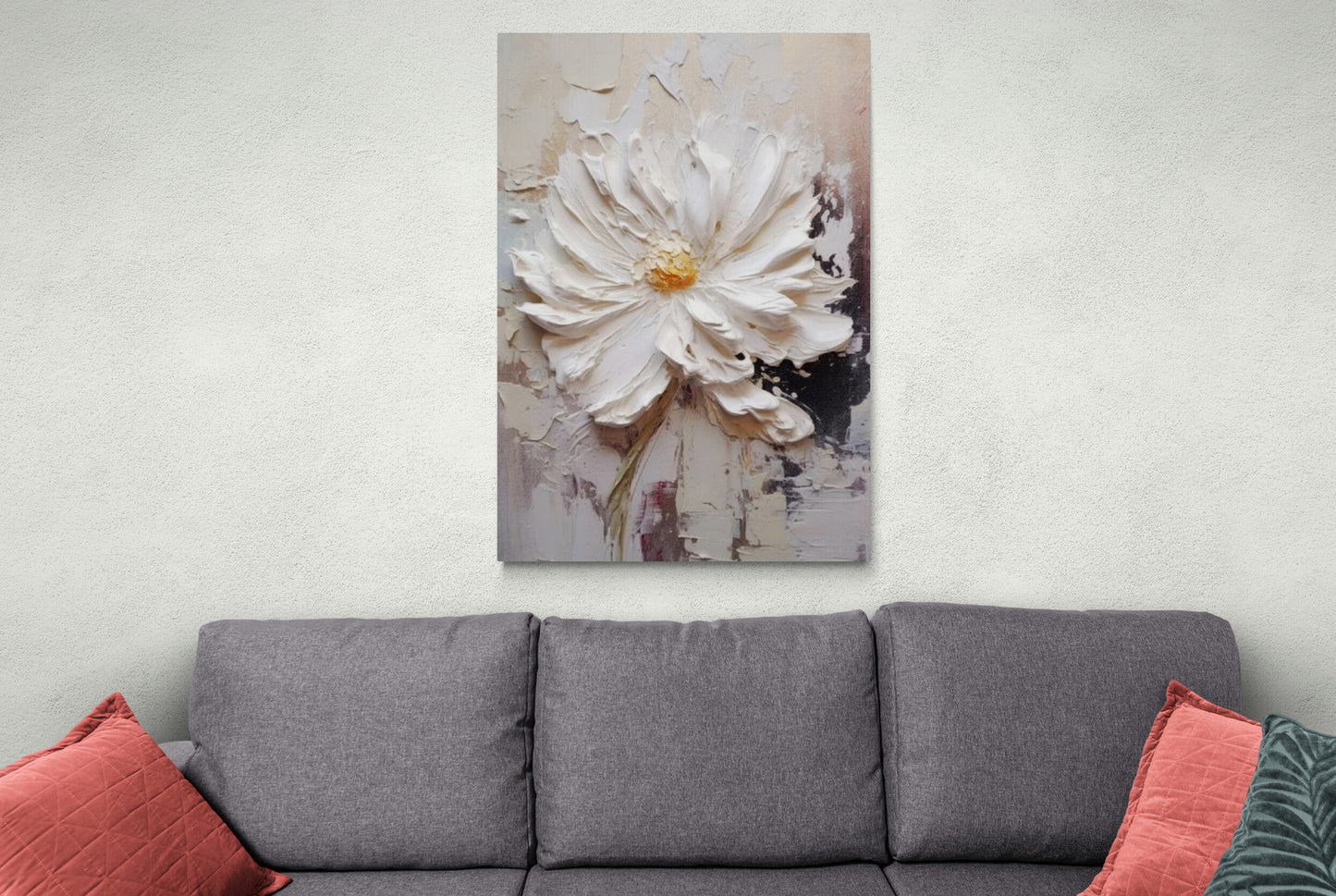 Großes gerahmtes Wandbild mit Blumenmotiv, Leinwanddruck mit 3D-Effekt, Leinwanddruck mit weißen Blumen, druckbares Wildblumen-Kunstwerk, Wandkunst fürs Wohnzimmer