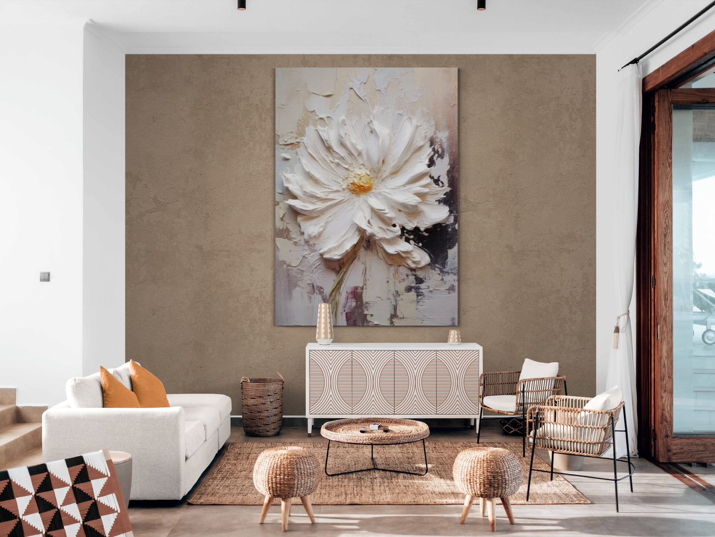 Großes gerahmtes Wandbild mit Blumenmotiv, Leinwanddruck mit 3D-Effekt, Leinwanddruck mit weißen Blumen, druckbares Wildblumen-Kunstwerk, Wandkunst fürs Wohnzimmer