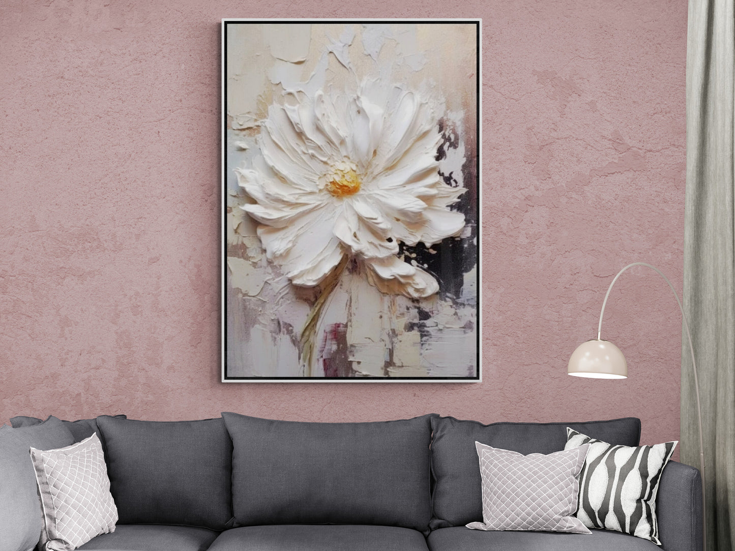 Großes gerahmtes Wandbild mit Blumenmotiv, Leinwanddruck mit 3D-Effekt, Leinwanddruck mit weißen Blumen, druckbares Wildblumen-Kunstwerk, Wandkunst fürs Wohnzimmer