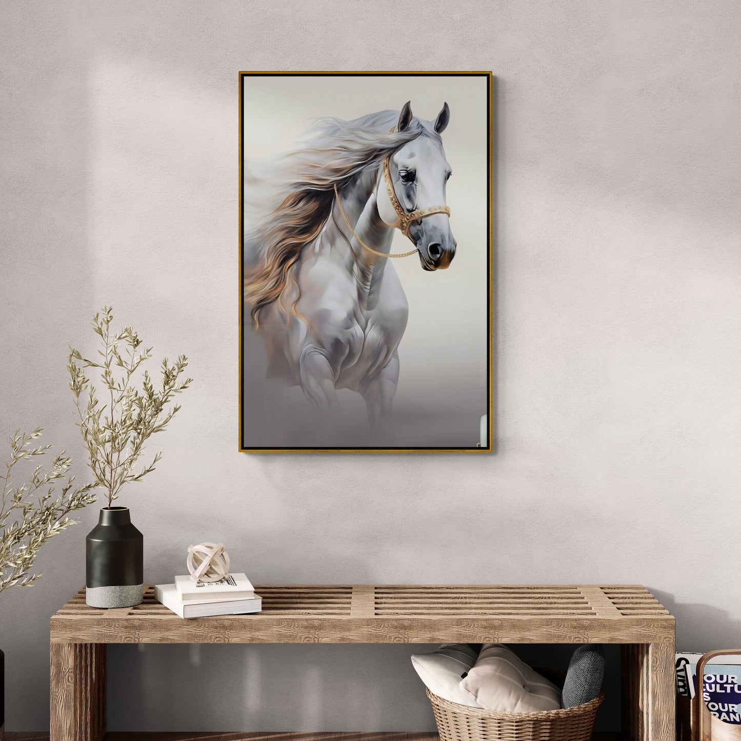Pferde-Wandkunst, gerahmter Leinwanddruck mit Tierbild, Kunstwerk mit Bild eines großen weißen Pferdes, vertikaler Kunstdruck, Geschenk für Pferdeliebhaber, Wohnzimmer-Wandkunst