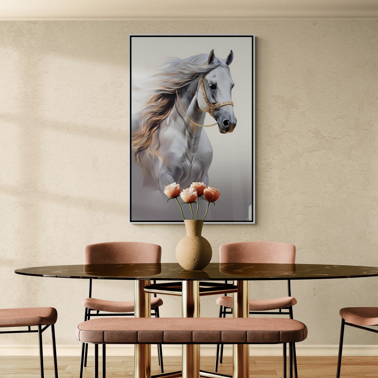 Pferde-Wandkunst, gerahmter Leinwanddruck mit Tierbild, Kunstwerk mit Bild eines großen weißen Pferdes, vertikaler Kunstdruck, Geschenk für Pferdeliebhaber, Wohnzimmer-Wandkunst