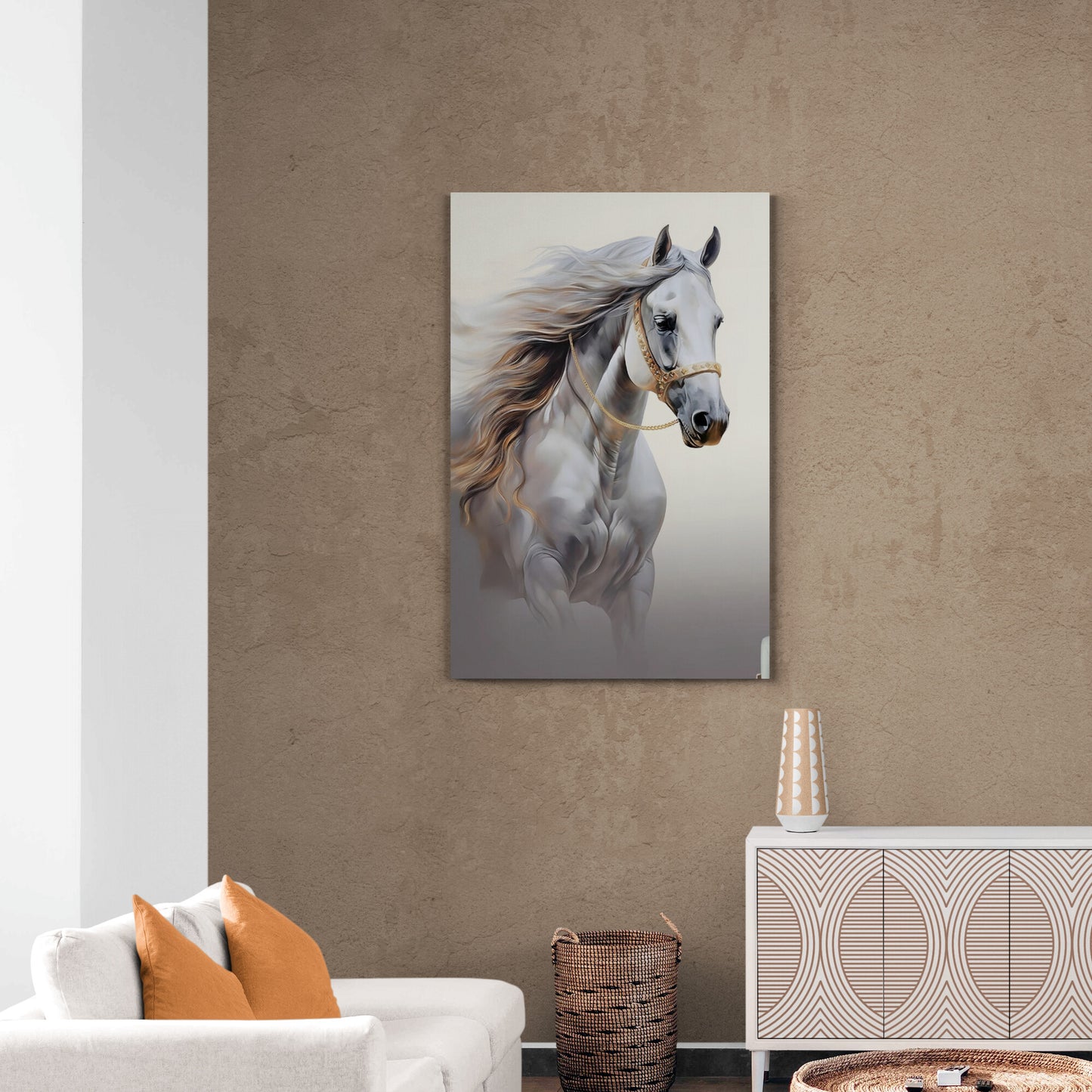 Pferde-Wandkunst, gerahmter Leinwanddruck mit Tierbild, Kunstwerk mit Bild eines großen weißen Pferdes, vertikaler Kunstdruck, Geschenk für Pferdeliebhaber, Wohnzimmer-Wandkunst