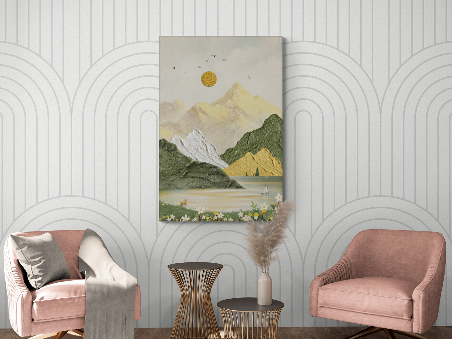 Wandkunst mit Bergen, vertikales Panorama-Kunstwerk, gerahmter Natur-Leinwanddruck, große Landschafts-Wandkunst, Kunstdruck fürs Wohnzimmer, druckbare Wandkunst, Wandkunst mit Goldrahmen, Kunstwerk mit schwarzem Rahmen