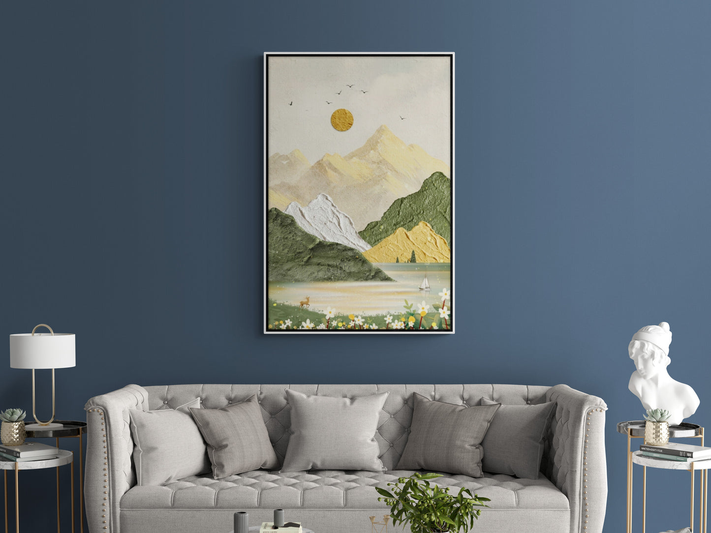 Wandkunst mit Bergen, vertikales Panorama-Kunstwerk, gerahmter Natur-Leinwanddruck, große Landschafts-Wandkunst, Kunstdruck fürs Wohnzimmer, druckbare Wandkunst, Wandkunst mit Goldrahmen, Kunstwerk mit schwarzem Rahmen