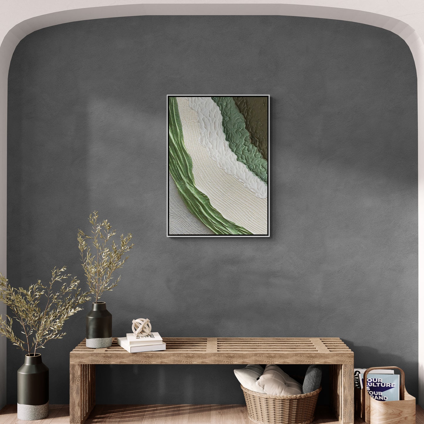Abstrakte Wandkunst, grün-weißer Kunstdruck, moderner gerahmter Leinwanddruck, Wandkunst mit Ölgemälde-Effekt, Geschenk zur Wohnungserwärmung, Wandkunst fürs Wohnheim
