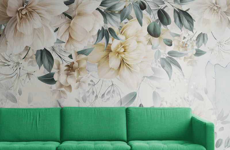 Große Blumentapete, botanisches Wandbild zum Abziehen und Aufkleben, temporäre Tapete mit Blumen, Abzieh- und Aufklebetapete, Leinwandtapete