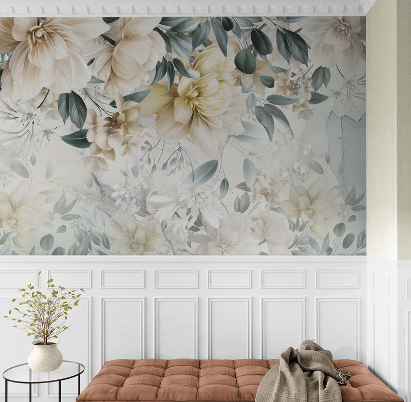 Große Blumentapete, botanisches Wandbild zum Abziehen und Aufkleben, temporäre Tapete mit Blumen, Abzieh- und Aufklebetapete, Leinwandtapete
