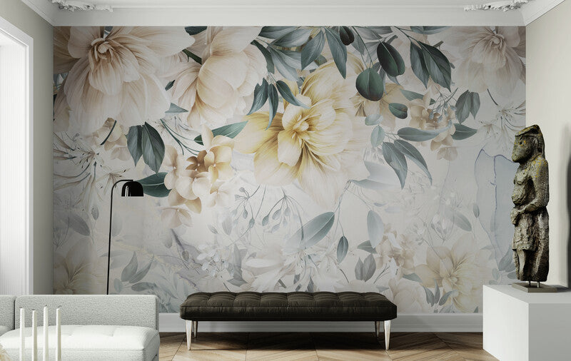 Große Blumentapete, botanisches Wandbild zum Abziehen und Aufkleben, temporäre Tapete mit Blumen, Abzieh- und Aufklebetapete, Leinwandtapete