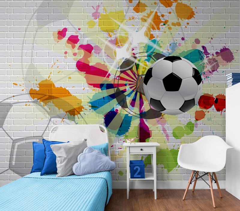 Kindertapete zum Abziehen und Aufkleben, Wandbild fürs Kinderzimmer, Sporttapete, bunte Tapete mit Fußball, akzentuierende Fußballtapete