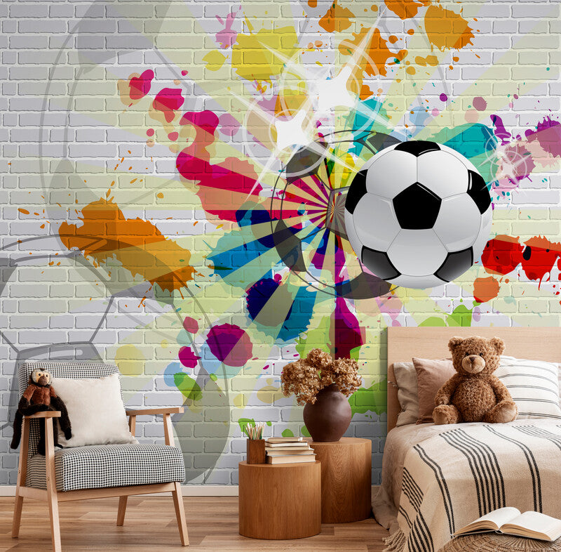 Kindertapete zum Abziehen und Aufkleben, Wandbild fürs Kinderzimmer, Sporttapete, bunte Tapete mit Fußball, akzentuierende Fußballtapete