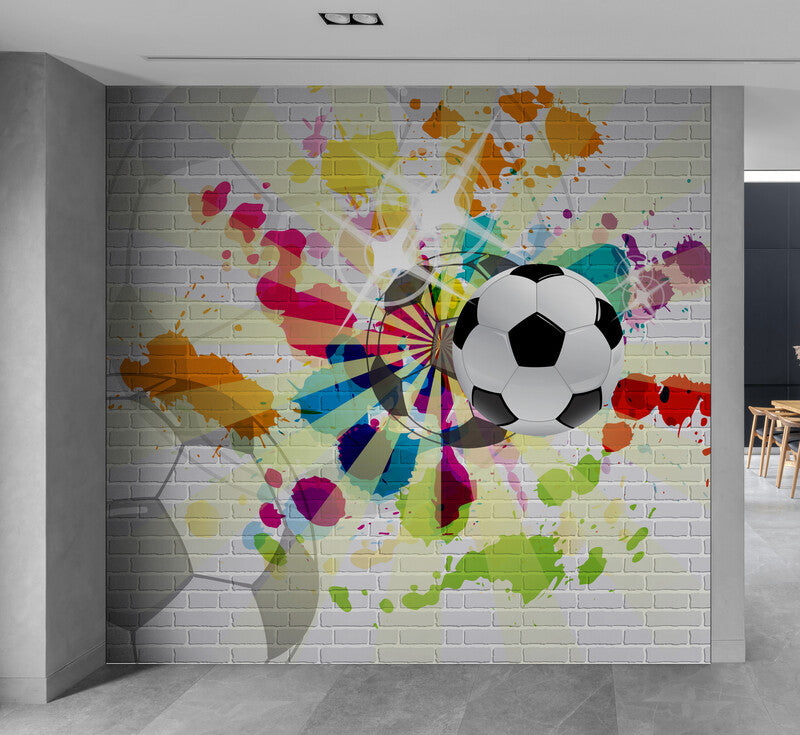 Kindertapete zum Abziehen und Aufkleben, Wandbild fürs Kinderzimmer, Sporttapete, bunte Tapete mit Fußball, akzentuierende Fußballtapete