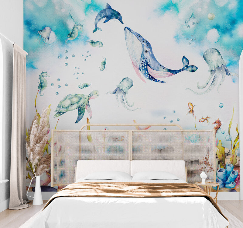 Extra große Kinderzimmertapete, selbstklebendes Wandbild für Kinder mit Unterwasserwelt, Abzieh- und Klebetapete, Akzenttapete fürs Kinderzimmer