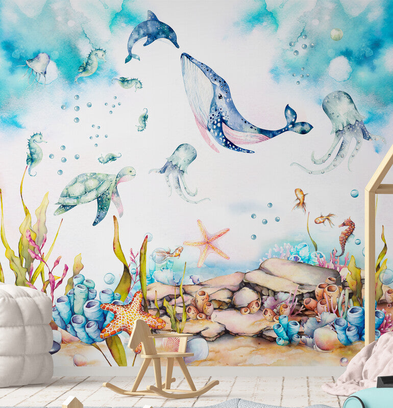 Extra große Kinderzimmertapete, selbstklebendes Wandbild für Kinder mit Unterwasserwelt, Abzieh- und Klebetapete, Akzenttapete fürs Kinderzimmer