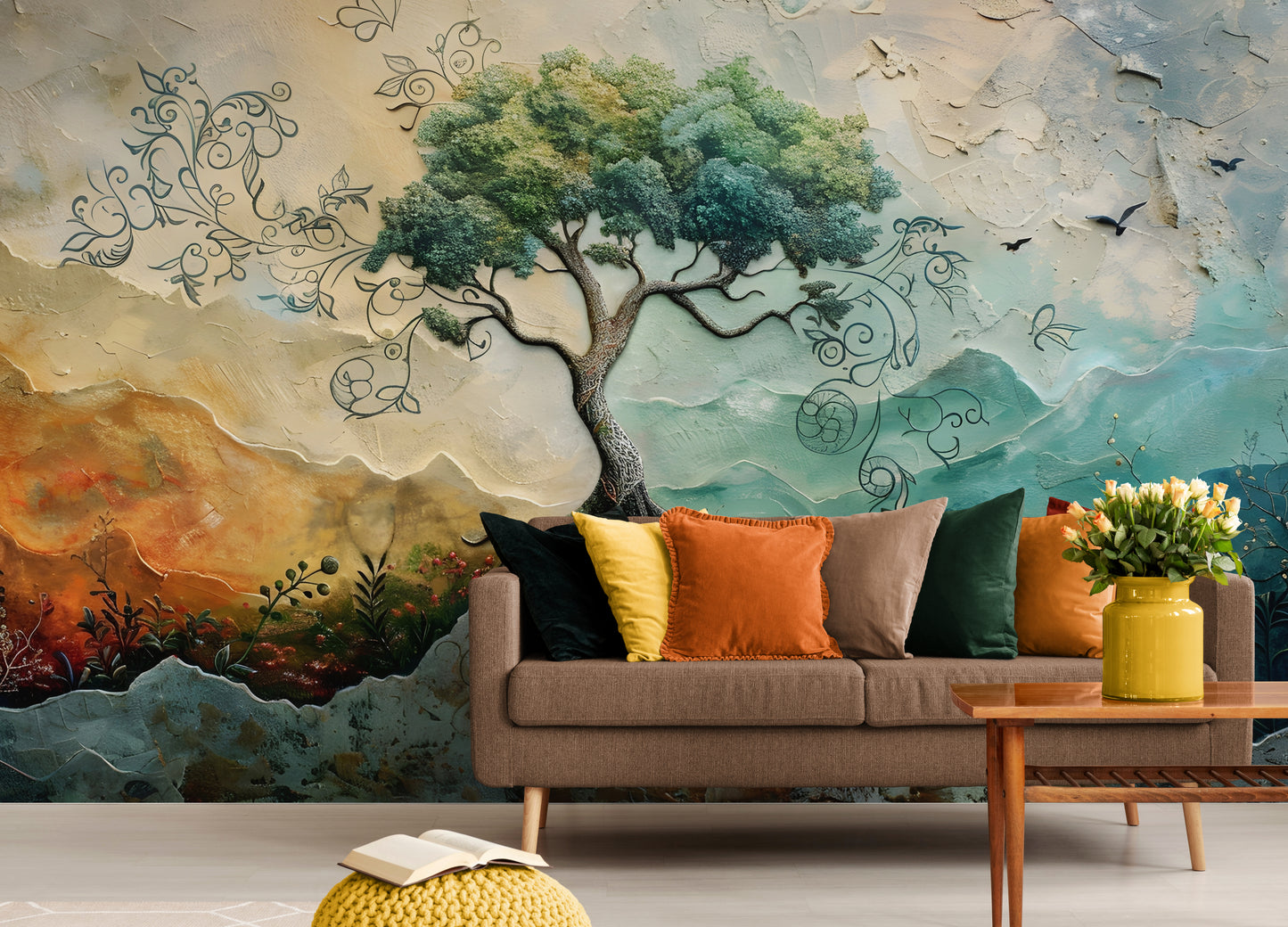 Lebensbaum-Tapete, botanisches Wandbild zum Abziehen und Aufkleben, selbstklebende Tapete mit großem Baumbild, abnehmbares Wandbild, farbenfrohes Natur-Wandbild, Akzenttapete