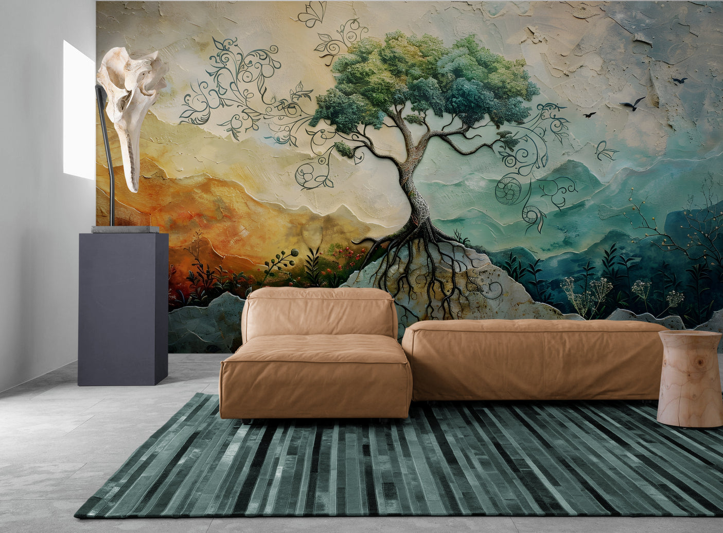Lebensbaum-Tapete, botanisches Wandbild zum Abziehen und Aufkleben, selbstklebende Tapete mit großem Baumbild, abnehmbares Wandbild, farbenfrohes Natur-Wandbild, Akzenttapete