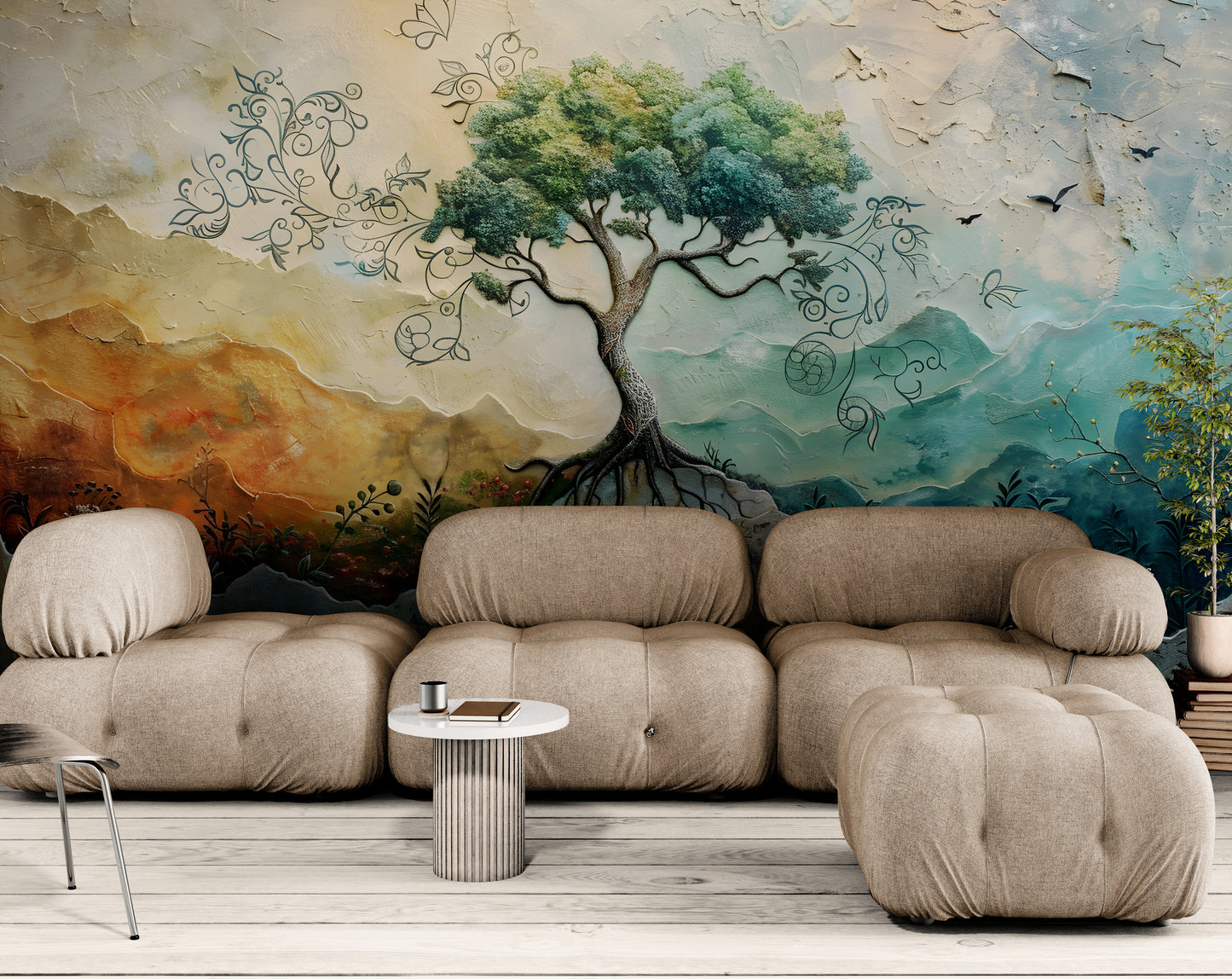 Lebensbaum-Tapete, botanisches Wandbild zum Abziehen und Aufkleben, selbstklebende Tapete mit großem Baumbild, abnehmbares Wandbild, farbenfrohes Natur-Wandbild, Akzenttapete