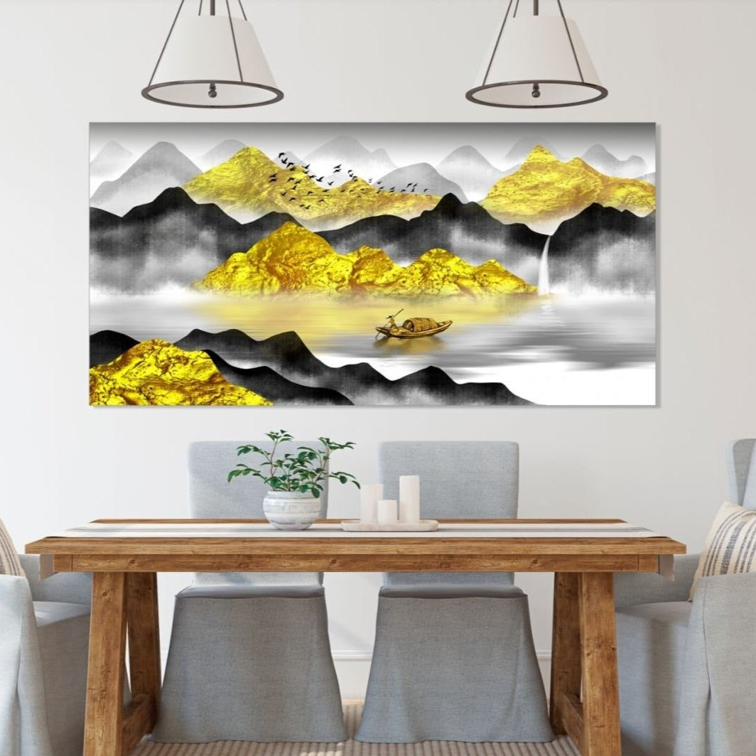 Graue und goldene Berge Wandkunst Gemälde auf Leinwand, Wandbilder Berge, Natur Wandkunst, Wohnwanddekoration, Bergkunstdruck