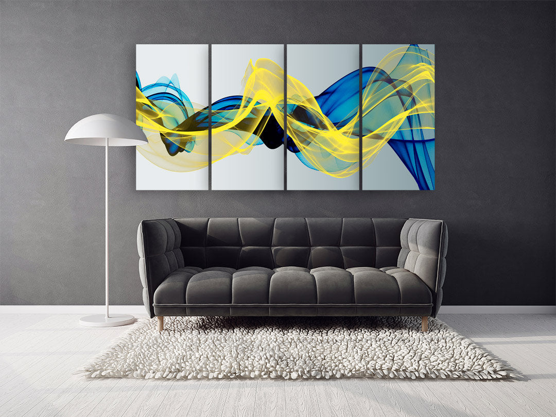Blaue und gelbe Wandkunst, trendig, extragroß, abstrakte Wandkunst, modernes abstraktes Gemälde, mehrteilige Leinwand, Wanddekoration für Räume