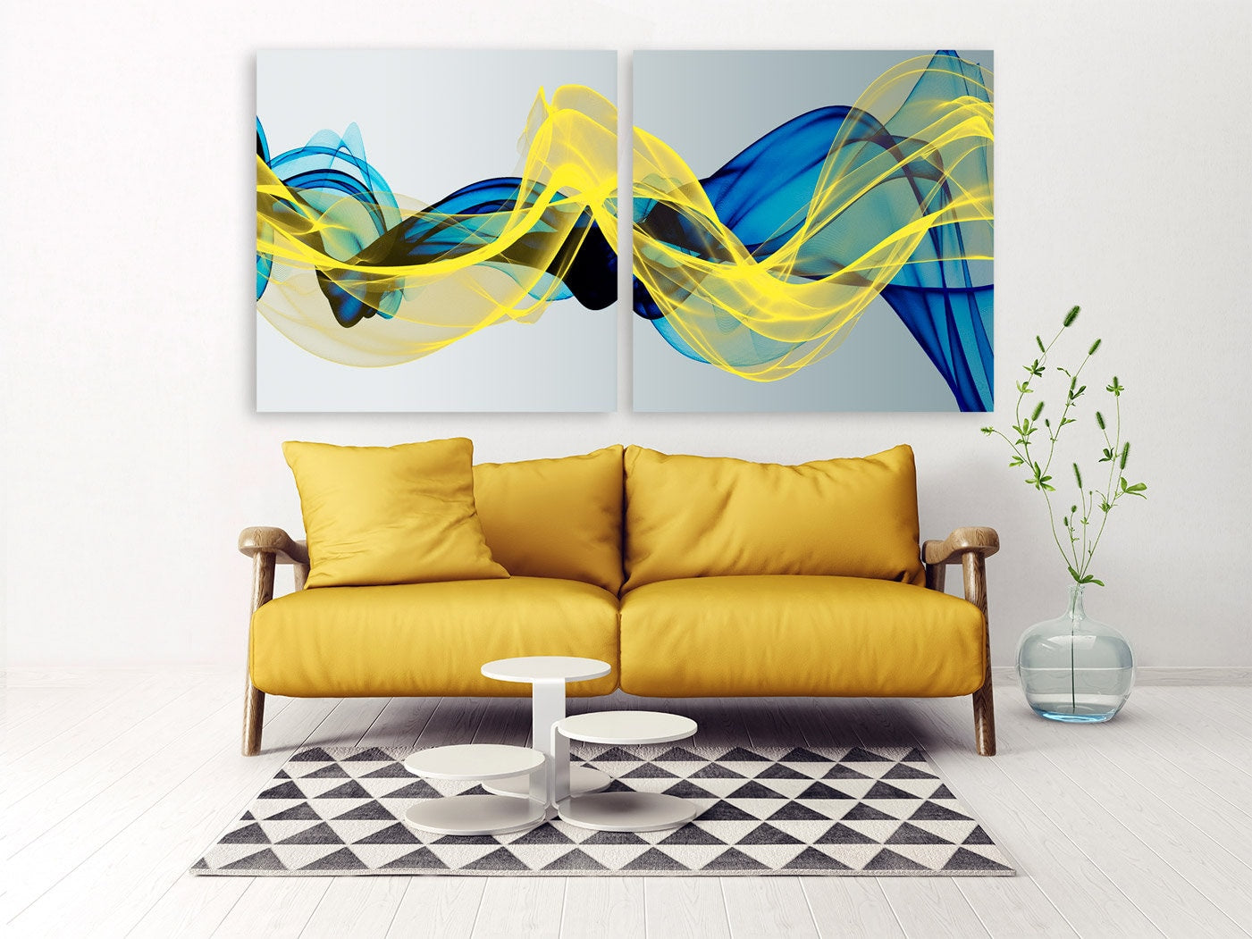 Blaue und gelbe Wandkunst, trendig, extragroß, abstrakte Wandkunst, modernes abstraktes Gemälde, mehrteilige Leinwand, Wanddekoration für Räume