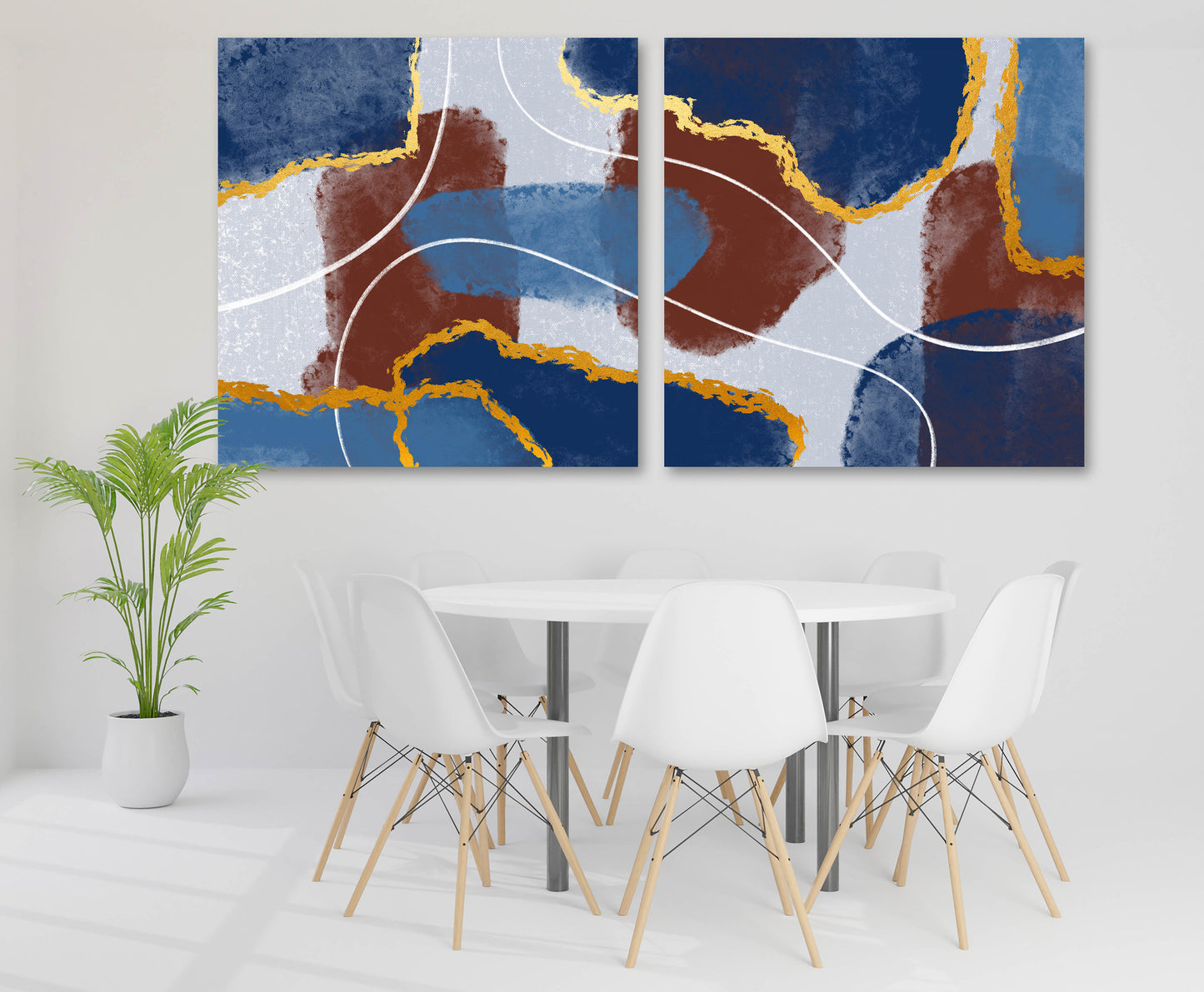 Extra großes abstraktes mehrteiliges Leinwandbild, modernes Set aus drei Drucken in Blau- und Brauntönen, farbenfrohes Wandkunstwerk als Geschenk