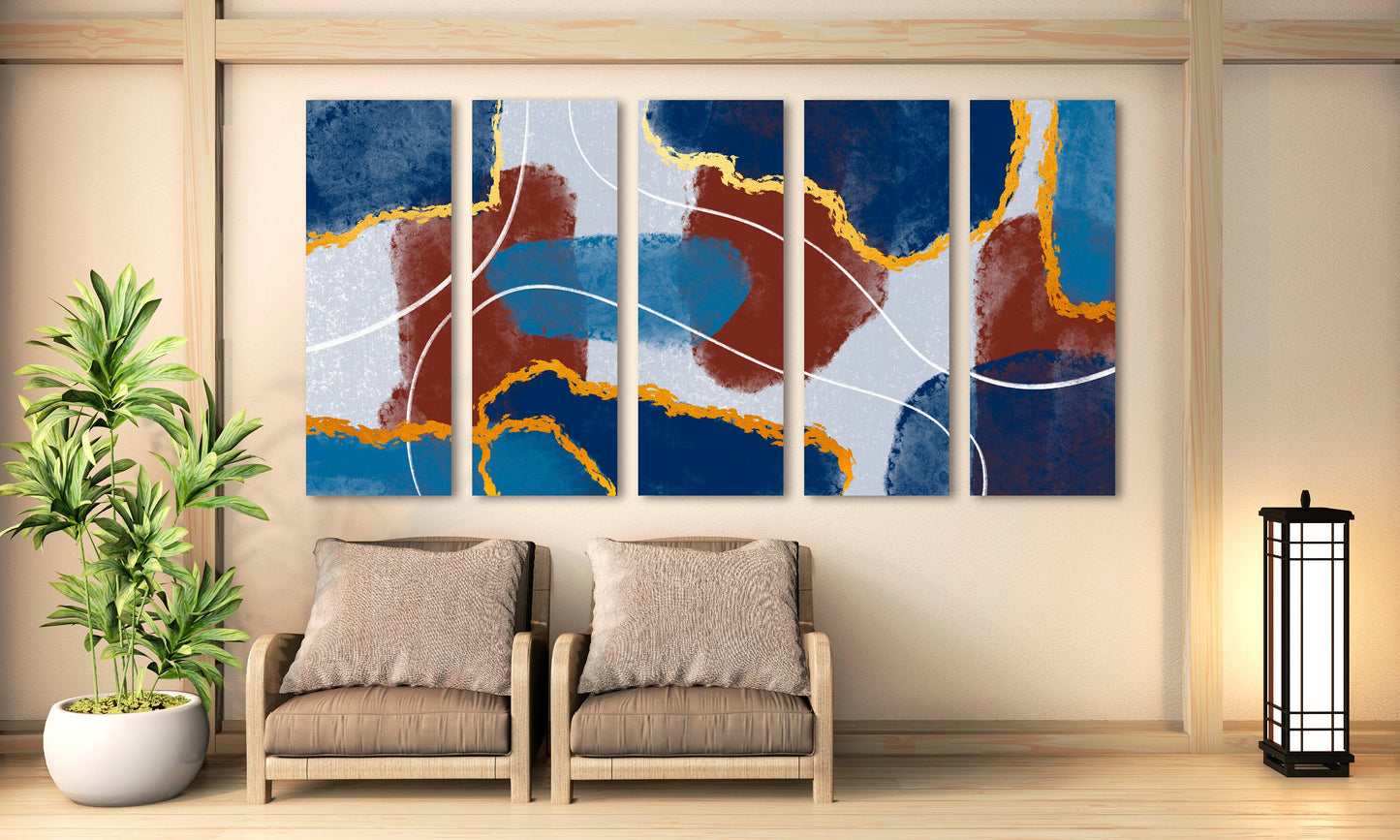 Extra großes abstraktes mehrteiliges Leinwandbild, modernes Set aus drei Drucken in Blau- und Brauntönen, farbenfrohes Wandkunstwerk als Geschenk