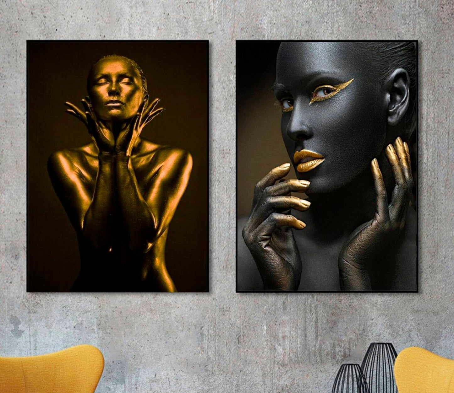 Modern framed canvas wall art paintings, home wall fashion decor in gold and black, two panel print wall art with woman in floating frame