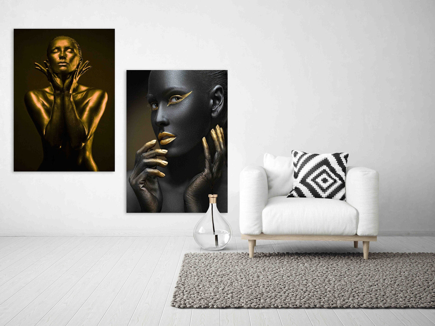 Modern framed canvas wall art paintings, home wall fashion decor in gold and black, two panel print wall art with woman in floating frame