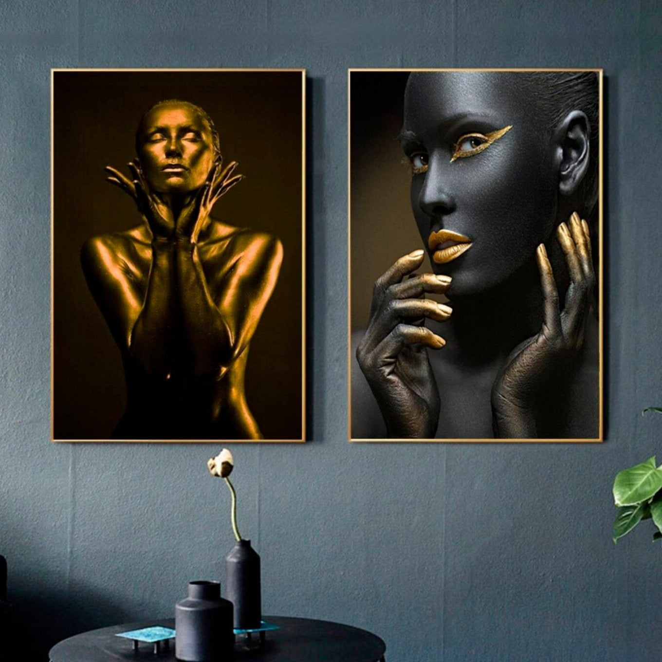 Modern framed canvas wall art paintings, home wall fashion decor in gold and black, two panel print wall art with woman in floating frame