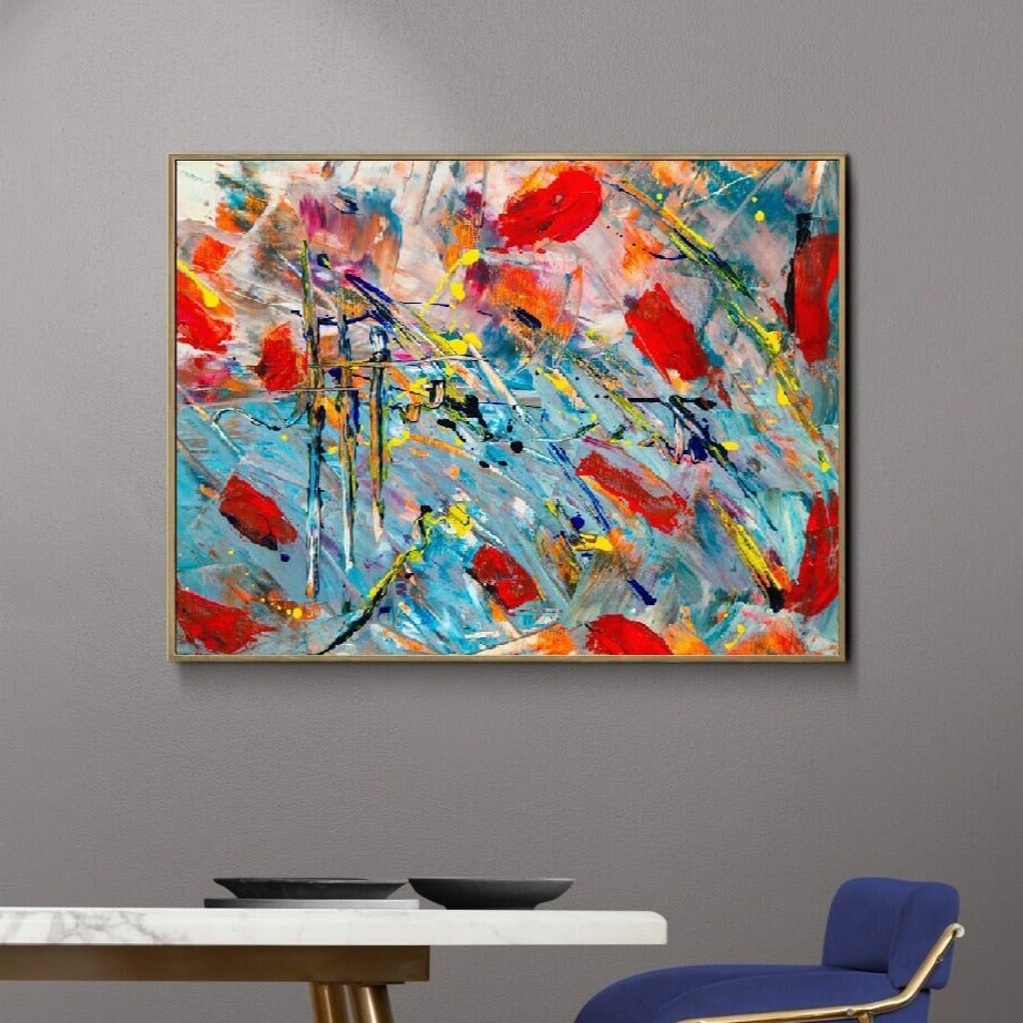 Modernes Ölgemälde zum Aufhängen, abstrakter mehrfarbiger gerahmter Kunstdruck im schwebenden Rahmen, extra große bunte abstrakte Wandkunst