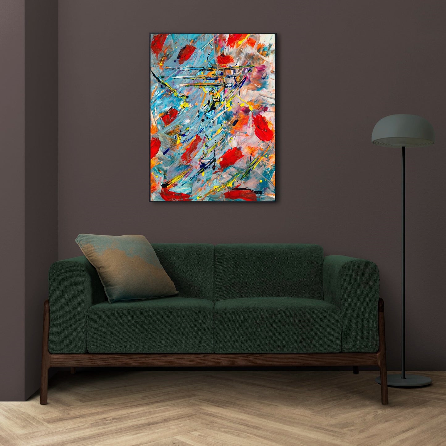 Modernes Ölgemälde zum Aufhängen, abstrakter mehrfarbiger gerahmter Kunstdruck im schwebenden Rahmen, extra große bunte abstrakte Wandkunst