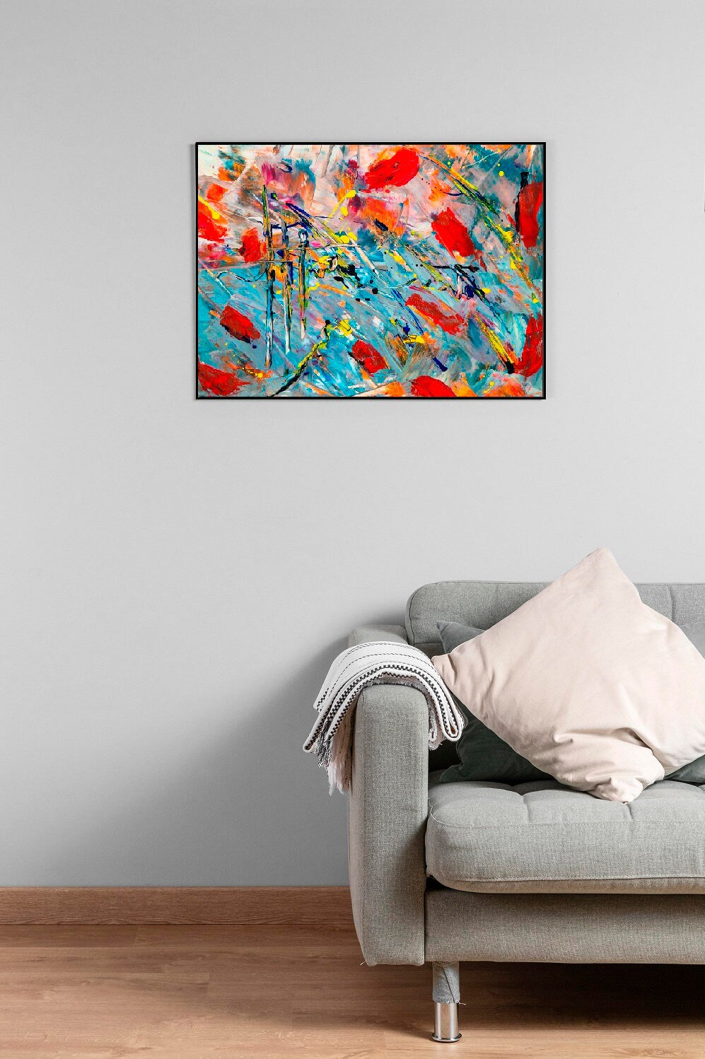 Modernes Ölgemälde zum Aufhängen, abstrakter mehrfarbiger gerahmter Kunstdruck im schwebenden Rahmen, extra große bunte abstrakte Wandkunst