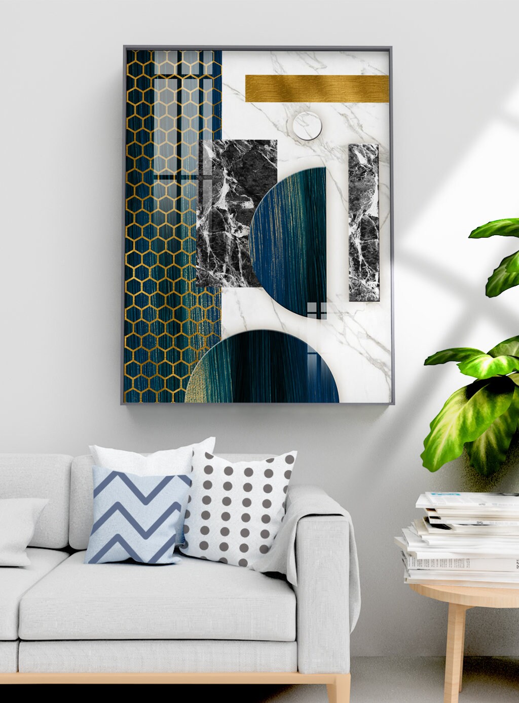 Geometrisches gerahmtes Kunstwerk, abstraktes modernes Floater-Rahmen-Wandbild, großes blau-goldenes druckbares Leinwandbild, Wanddekoration für Schlafzimmer