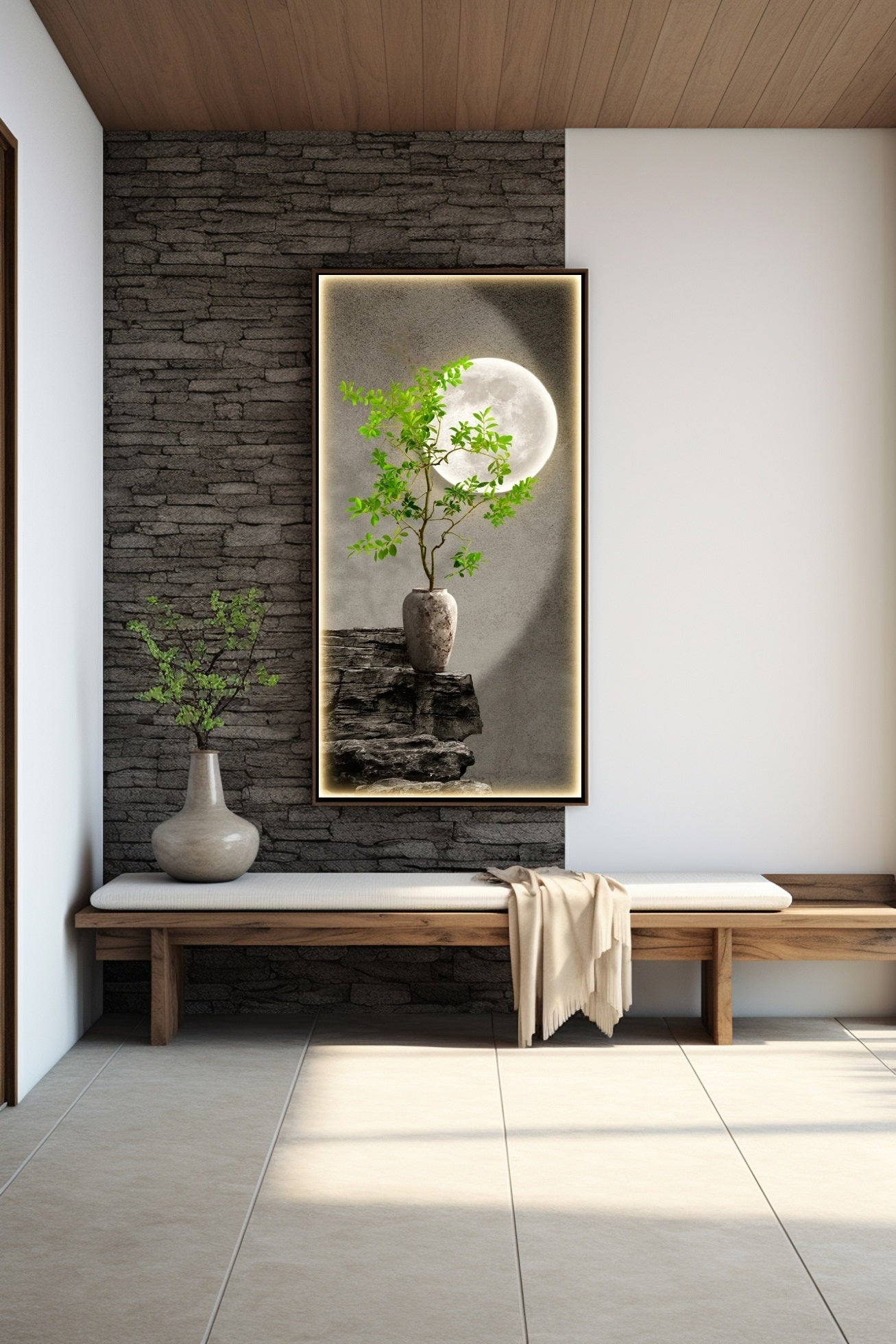 Natur-Wandkunst, großer botanischer Leinwanddruck, gerahmtes Mond-Kunstwerk, druckbare graugrüne Wandkunst, schwebender Rahmen, Leinwanddruck für Wohnzimmer