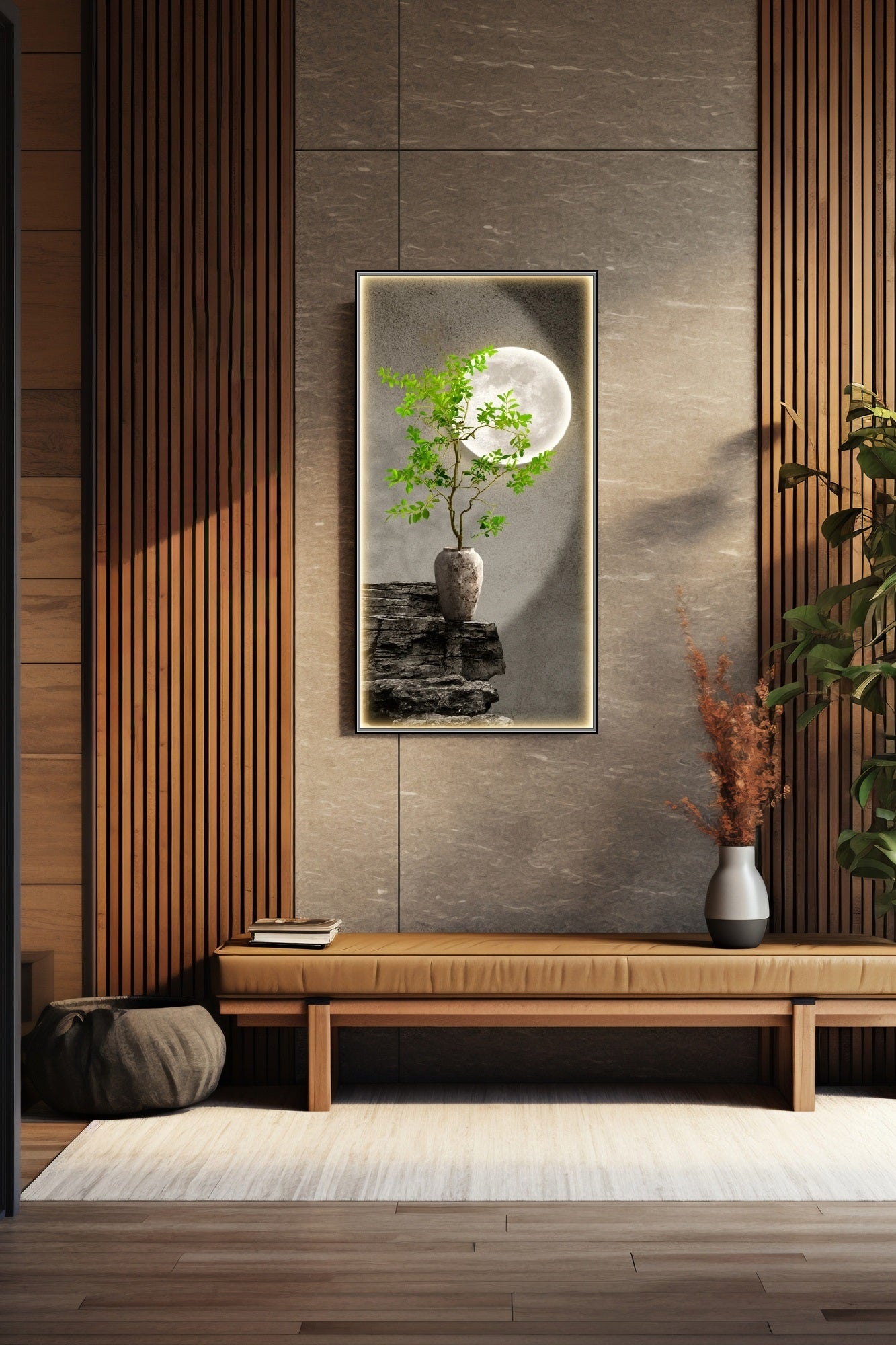 Natur-Wandkunst, großer botanischer Leinwanddruck, gerahmtes Mond-Kunstwerk, druckbare graugrüne Wandkunst, schwebender Rahmen, Leinwanddruck für Wohnzimmer