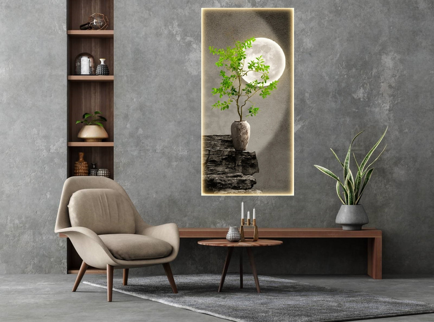 Natur-Wandkunst, großer botanischer Leinwanddruck, gerahmtes Mond-Kunstwerk, druckbare graugrüne Wandkunst, schwebender Rahmen, Leinwanddruck für Wohnzimmer