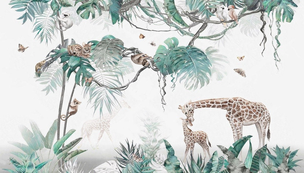 Tropical self adhesive wallpaper, animals peel and stick wall mural, accentual giraffe photo wallpaper, extra large leaves wallcovering
