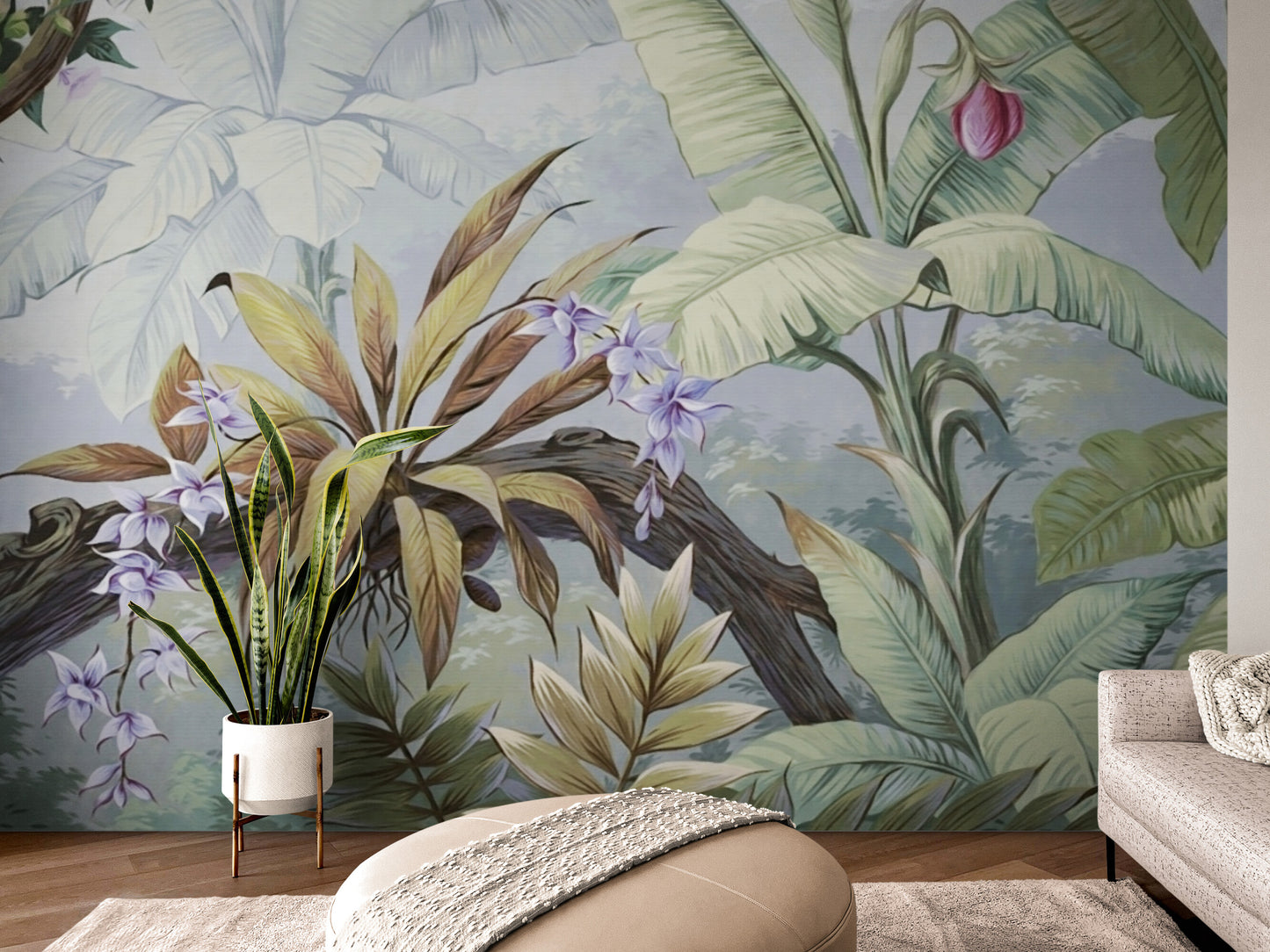 Tropical wall mural, banana leaves wallpaper, self adhesive botanical wall mural, plants wallpaper peel and stick, temporary mural with green plants, accent wallpaper