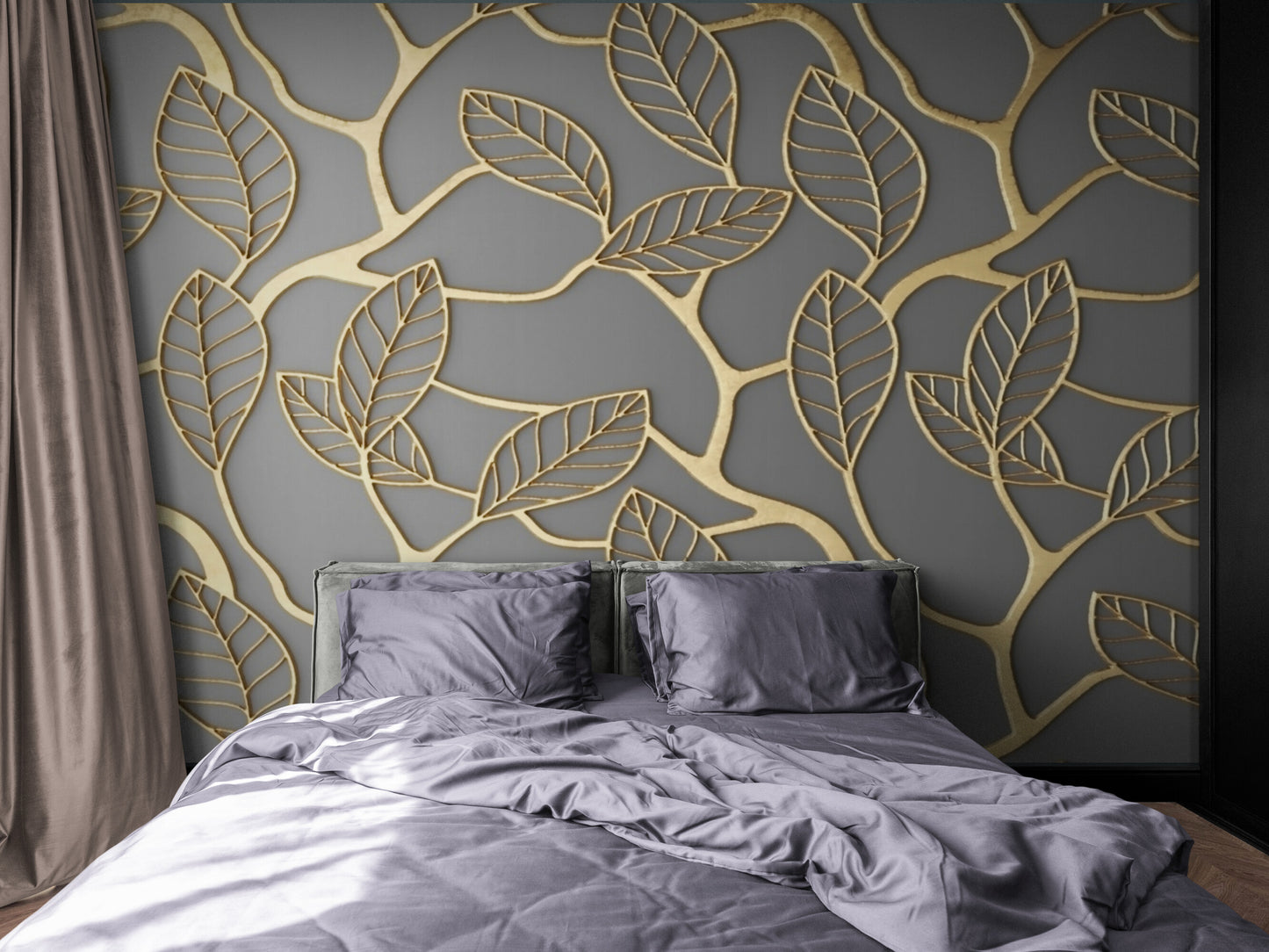 Golden leaves wall mural, abstract grey and gold wallpaper, botanical peel and stick wall mural, removable wallpaper, self adhesive wall mural for bedroom