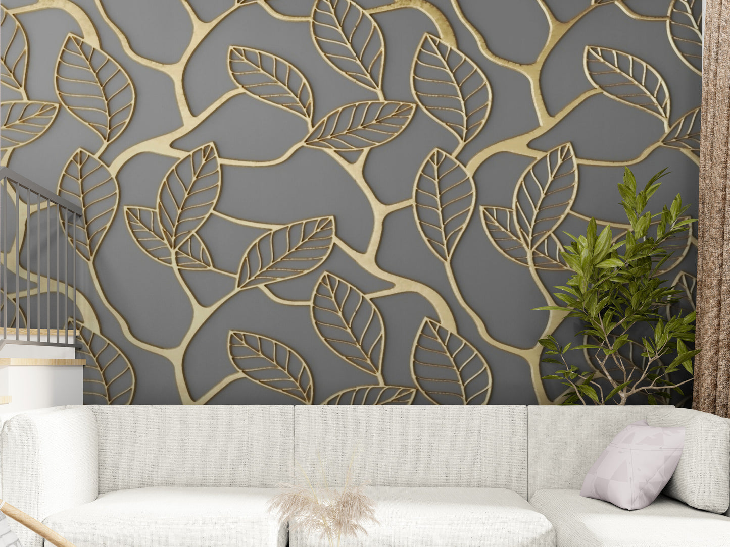 Golden leaves wall mural, abstract grey and gold wallpaper, botanical peel and stick wall mural, removable wallpaper, self adhesive wall mural for bedroom