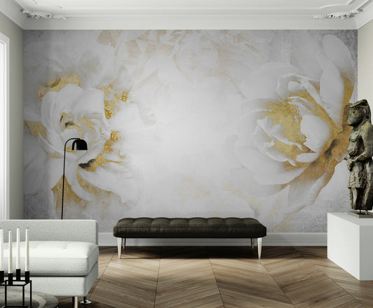 Peony wallpaper, extra large peel and stick floral wall mural, self adhesive white and gold wallpaper mural, accent wallpaper for living room