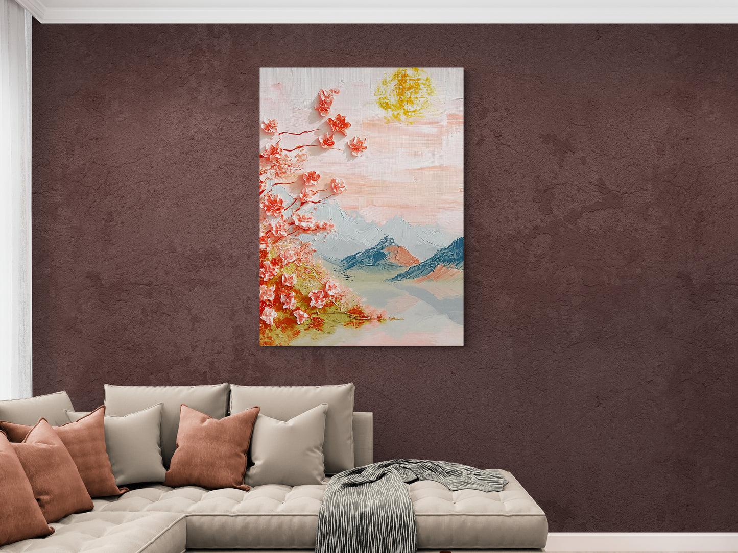 Chinoiserie wall art, large oriental artwork, framed nature art print, mountains wall art, sakura blossom artwork, floral wall art, gift for her, above bed wall art