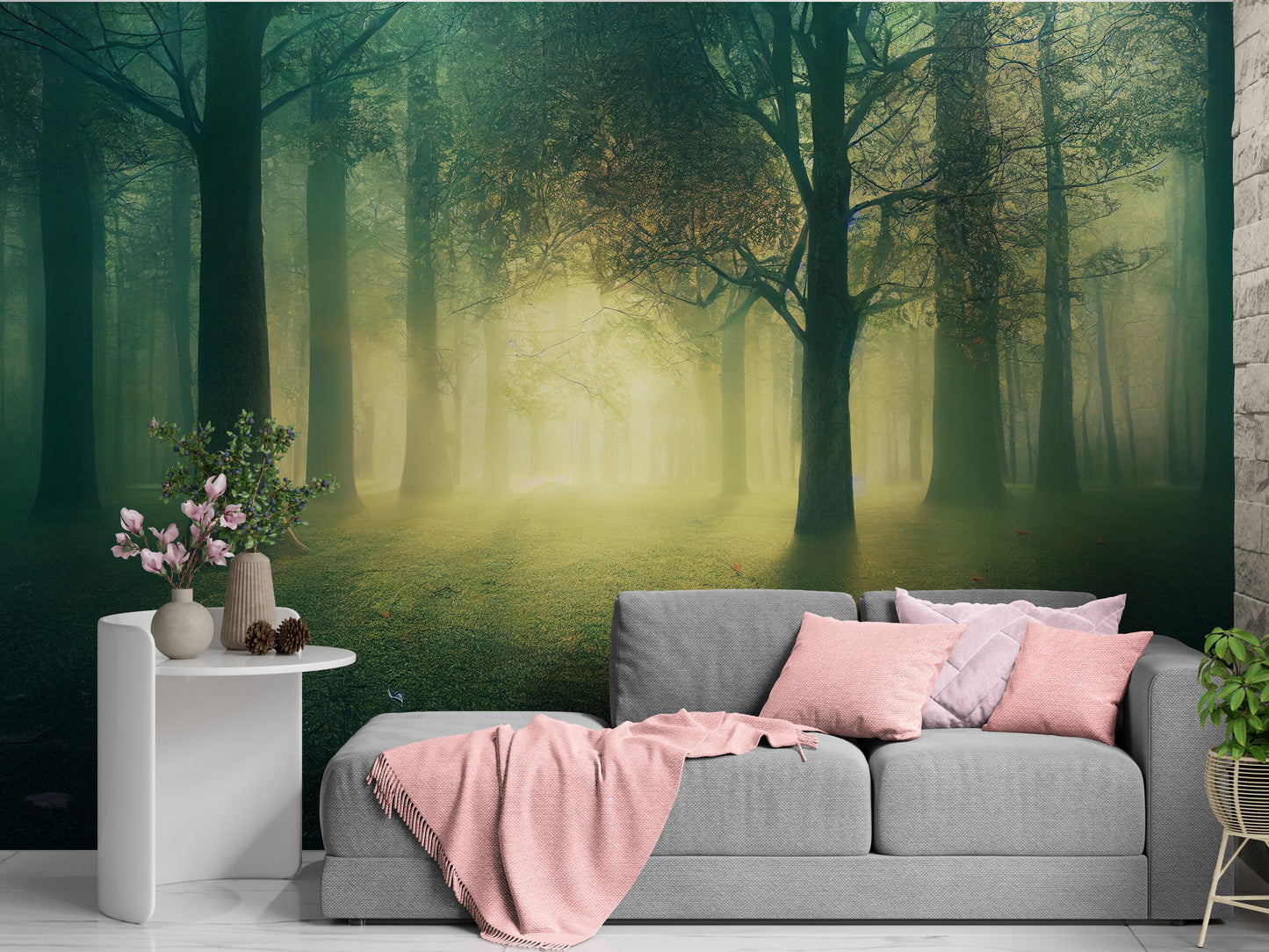 Self adhesive nature wallpaper mural, Green forest wall mural, Self adhesive tonnel wallpaper, Wallpaper with trees image, Botanical wall mural, Temporary wallpaper