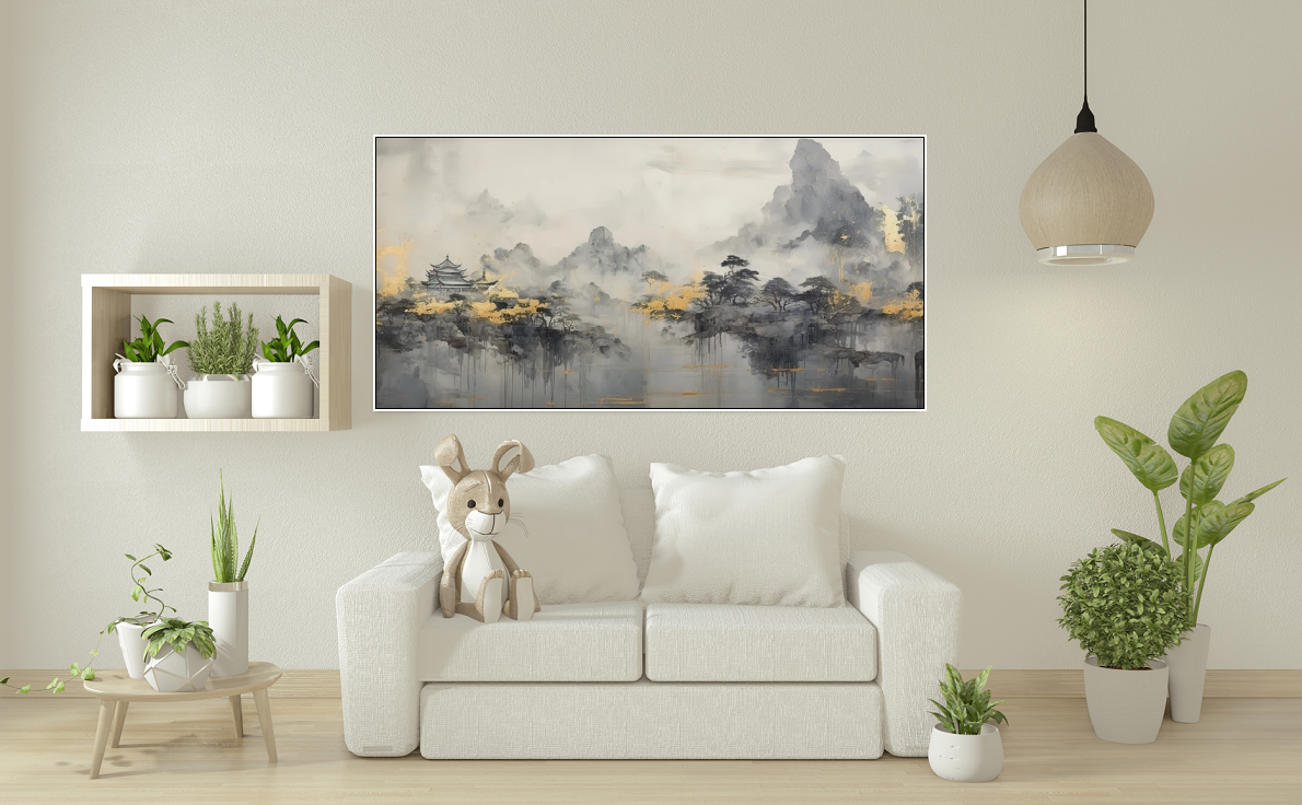 Smoky mountains wall art, floating frame landscape artwork, misty trees canvas print, Japanese hanging wall art, large grey artwork