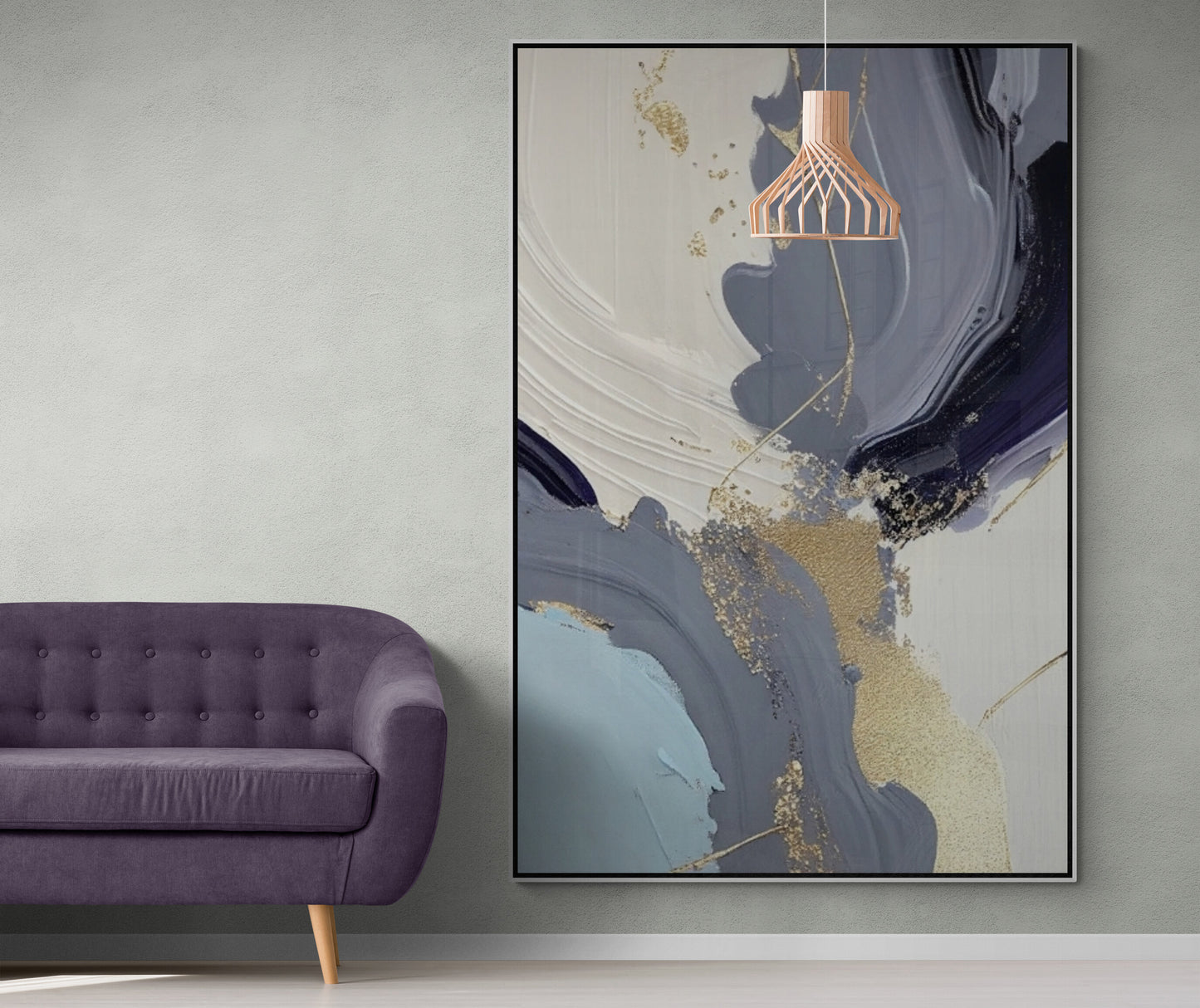 Large abstract wall art, blue floater frame canvas print, printable wall hanging decor, aluminum frame artwork, modern living room wall art